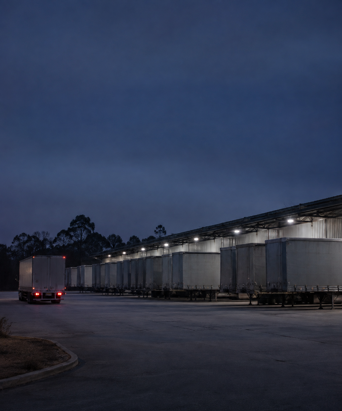 Photograph: a distribution yard before dawn, trailers under lights, one prime mover pulling out. Dark and cool, room at the top, no text in the artwork.