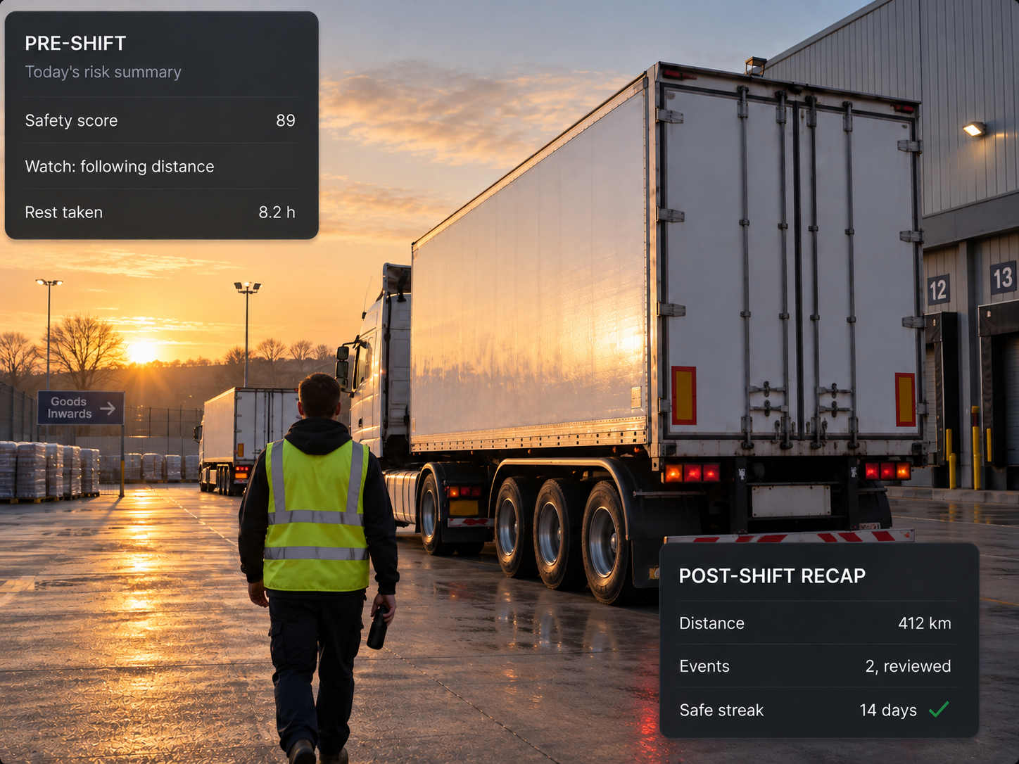 Driver app on a handset: the pre-shift risk summary and safety score, with the post-shift recap below it.