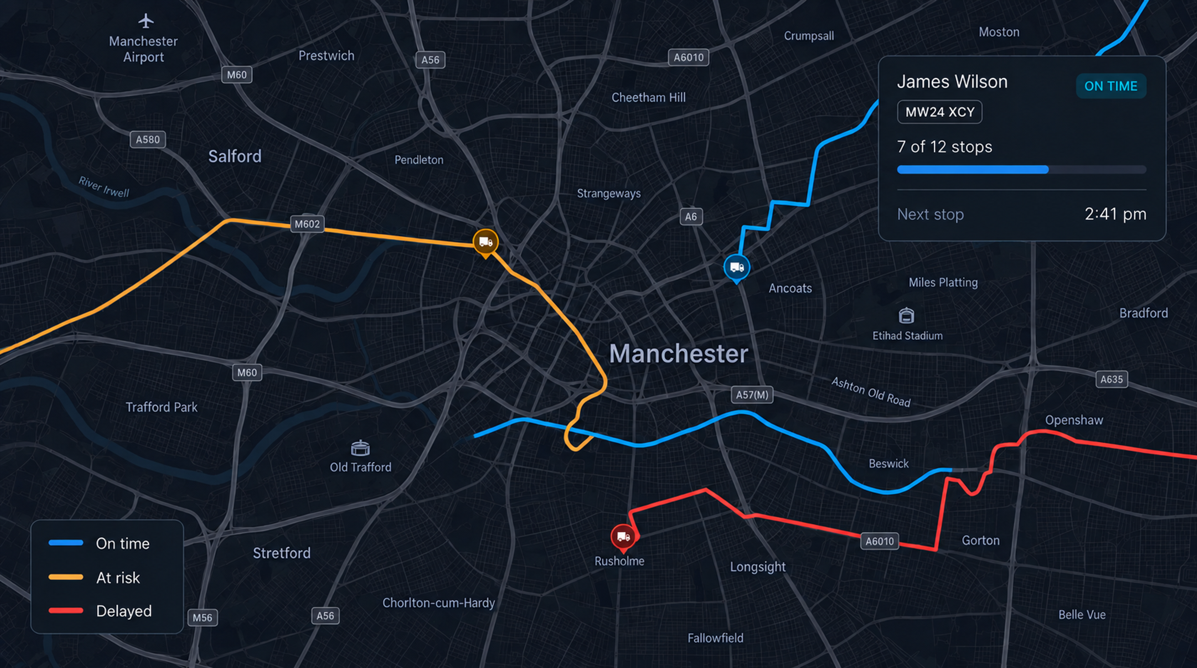 Live map: colour-coded routes with driver pins, a driver card open showing progress and next stop, and the status legend. 16:9, dark UI.