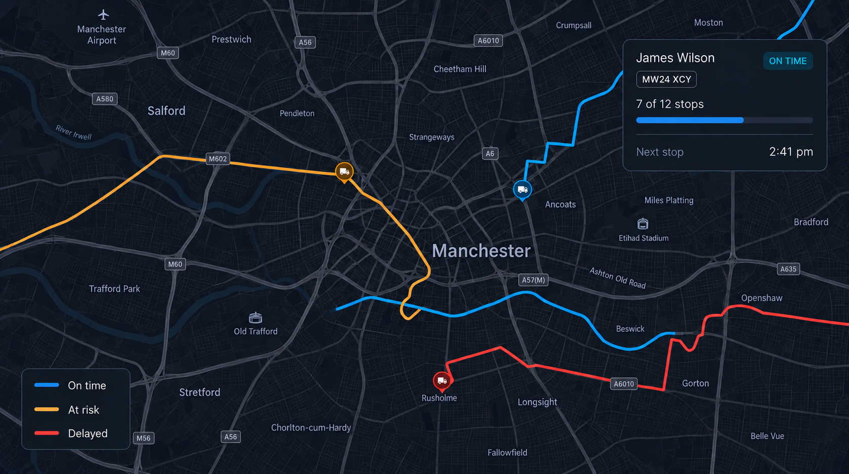 Live map: colour-coded routes with driver pins, a driver card open showing progress and next stop, and the status legend. 16:9, dark UI.