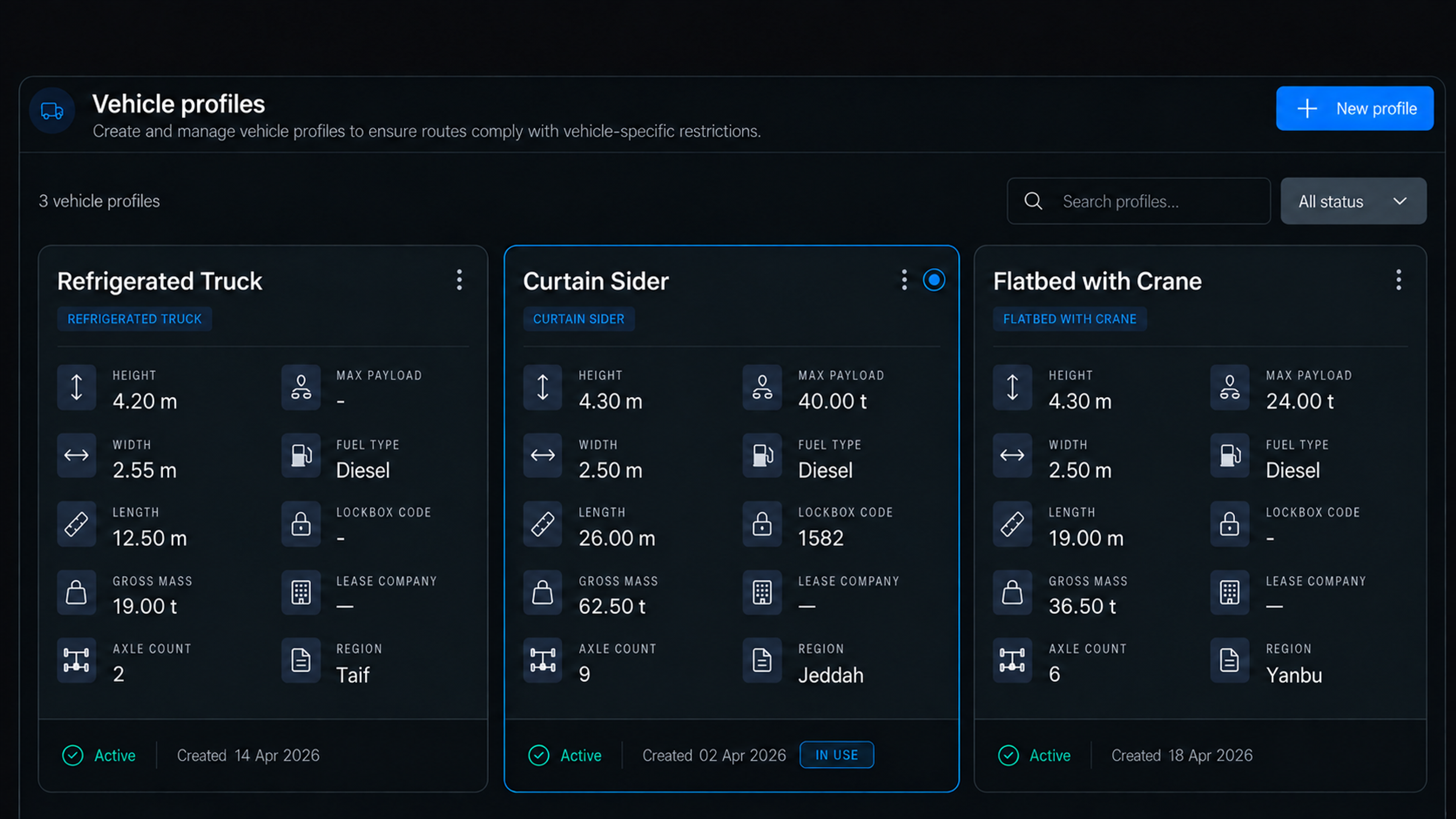 Vehicle profiles panel: coach, B-double and prime mover with trailer, each with its dimensions and mass. 16:9, dark UI.