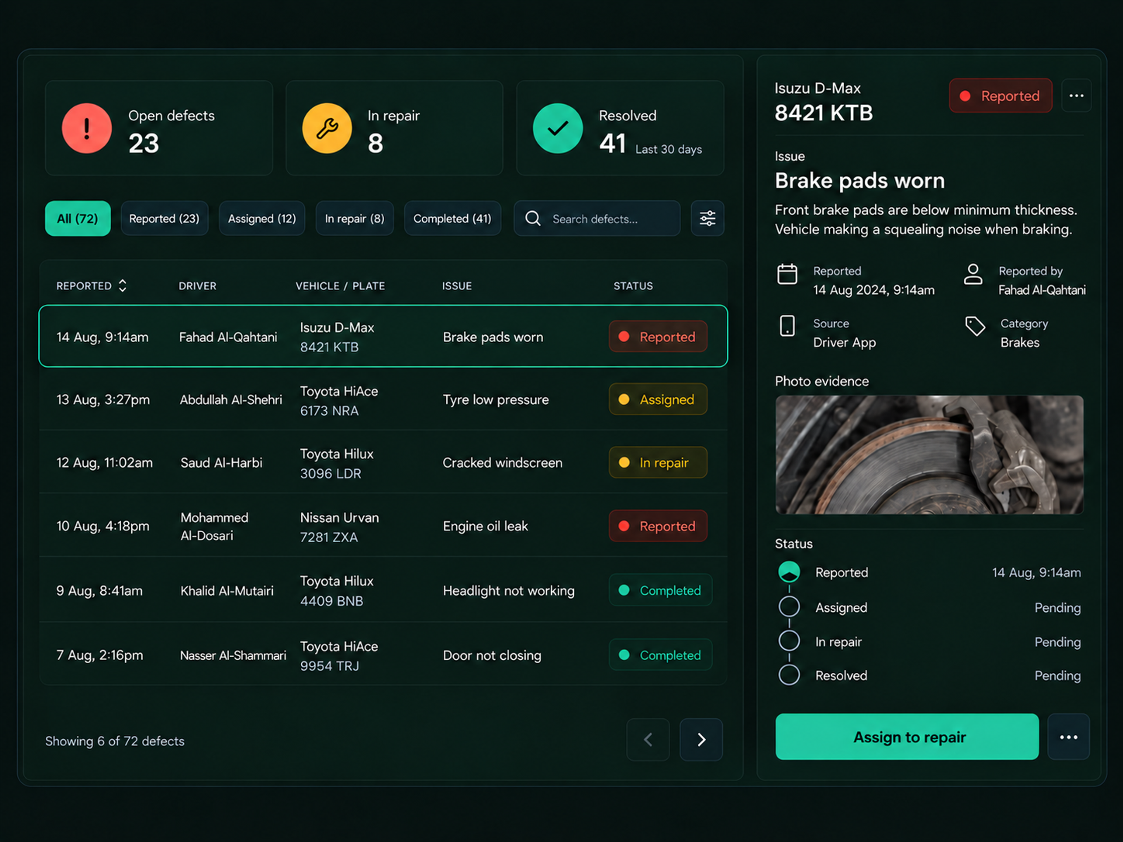 Drive360 defect triage table: severity from critical to info down the left, an example defect with a photo, the action taken, and the resulting outcome from vehicle out of service through to information only