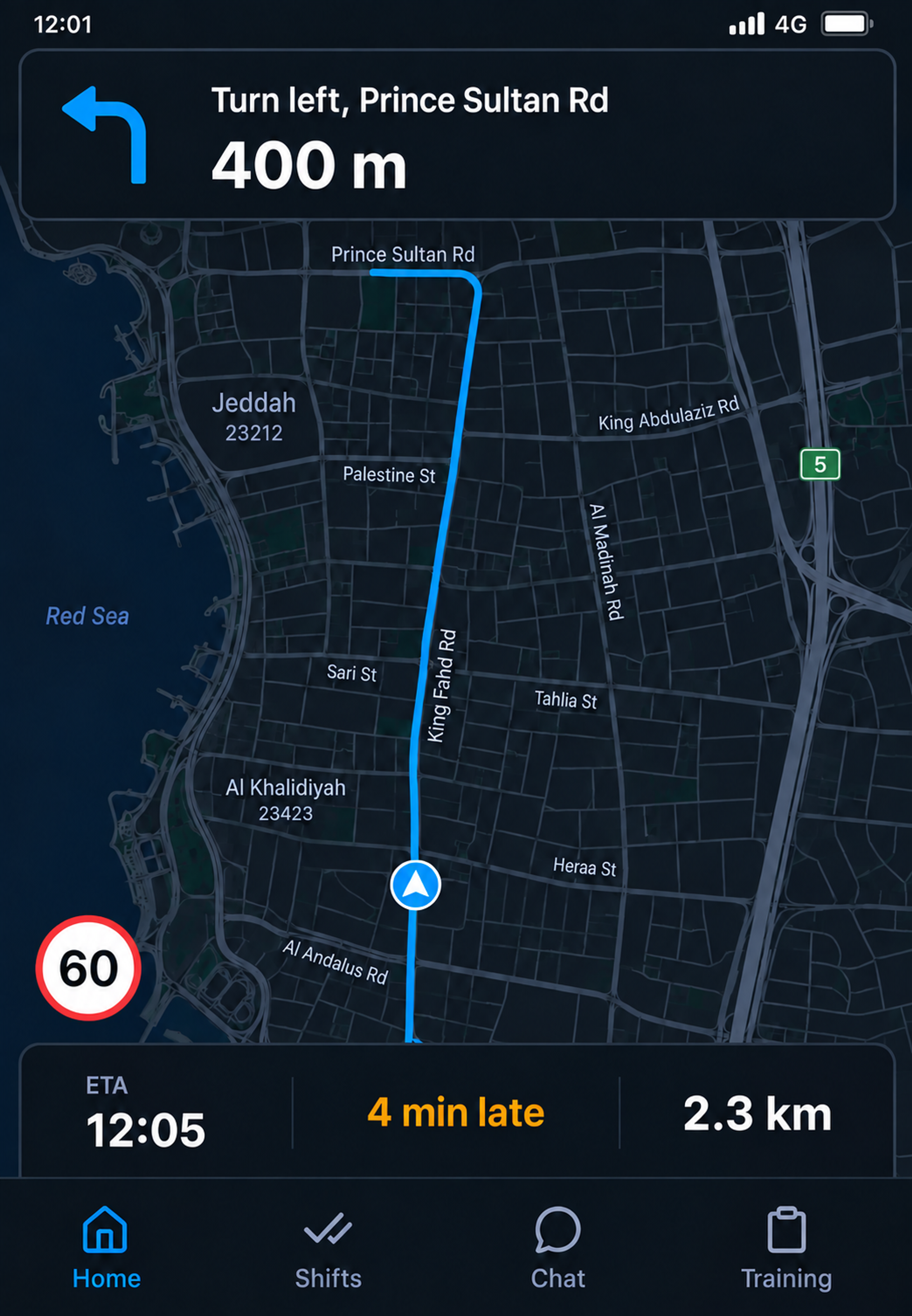 Driver app navigation: the next instruction banner over the map, with the ETA, delay and distance-to-stop strip and the speed limit below. Portrait handset, 9:13 crop.