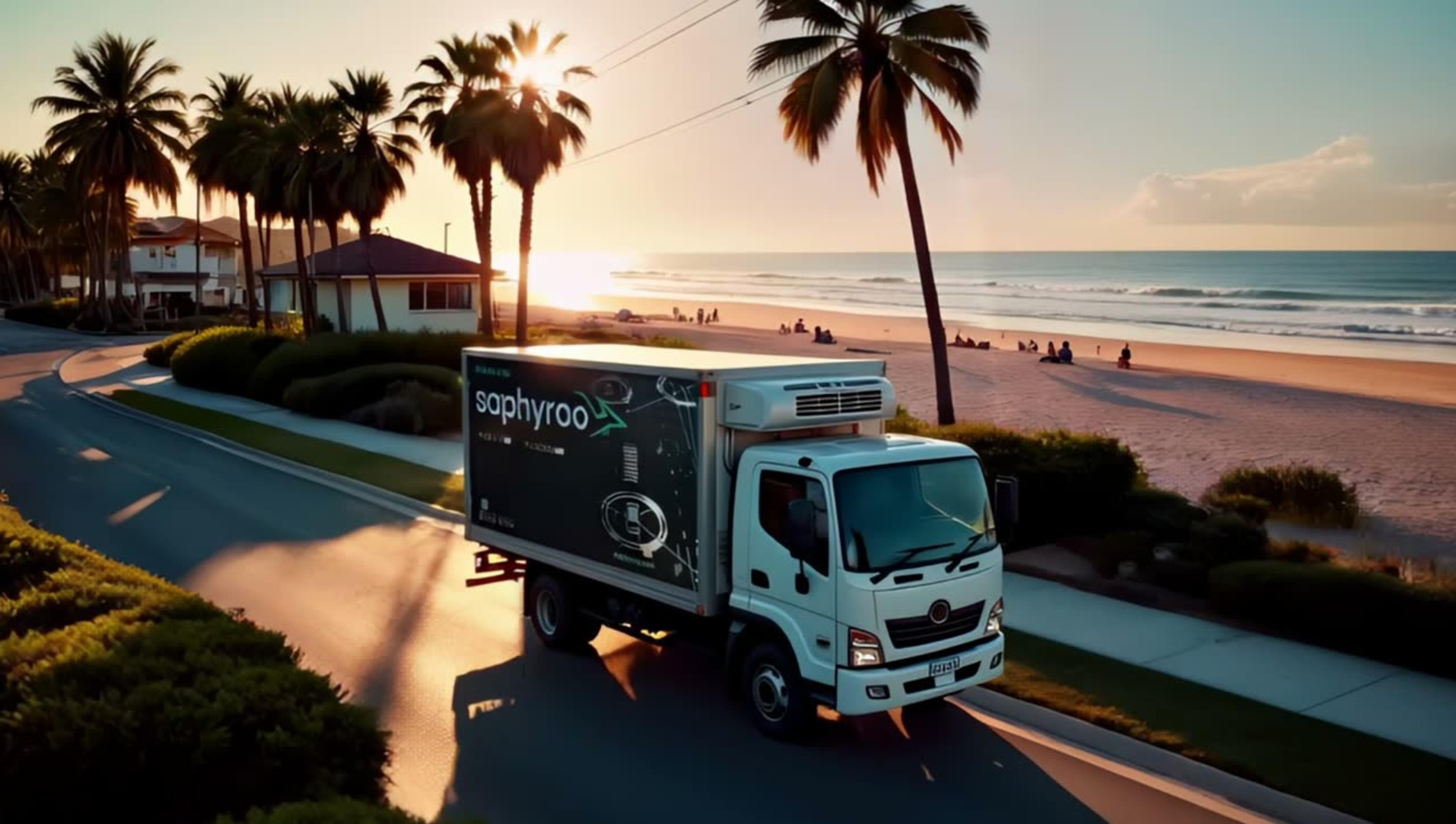 A Saphyroo-wrapped truck on a coastal road at sunset