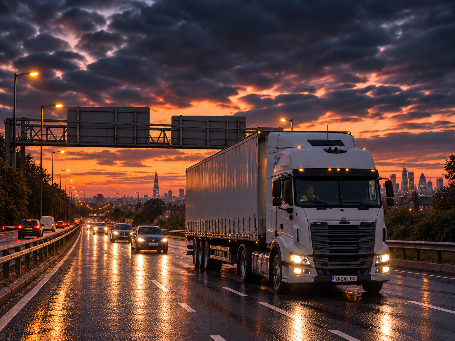 Photograph: a prime mover on a highway at dusk. Dark and cool, no text in the artwork.