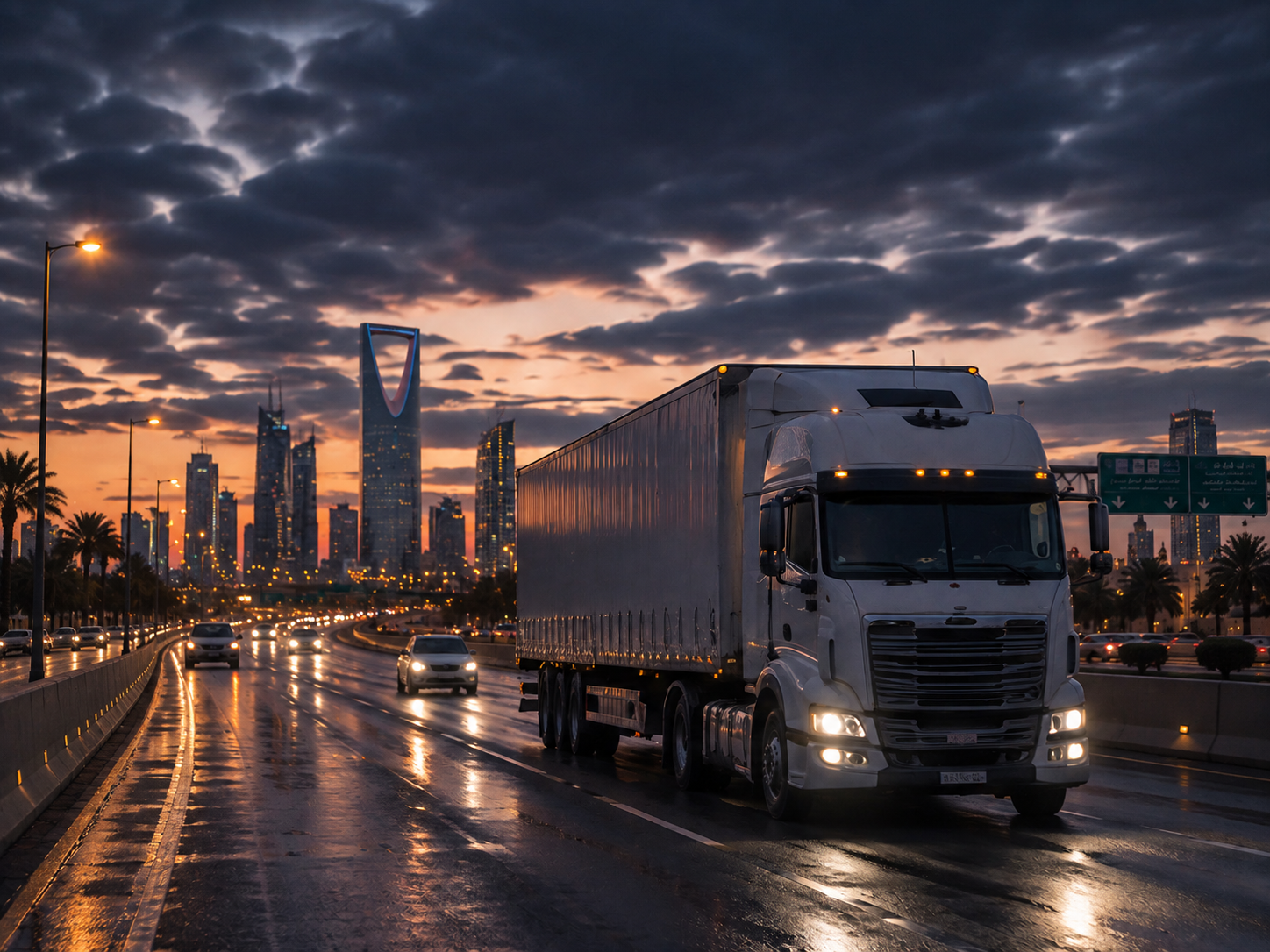 Photograph: a prime mover on a highway at dusk. Dark and cool, no text in the artwork.