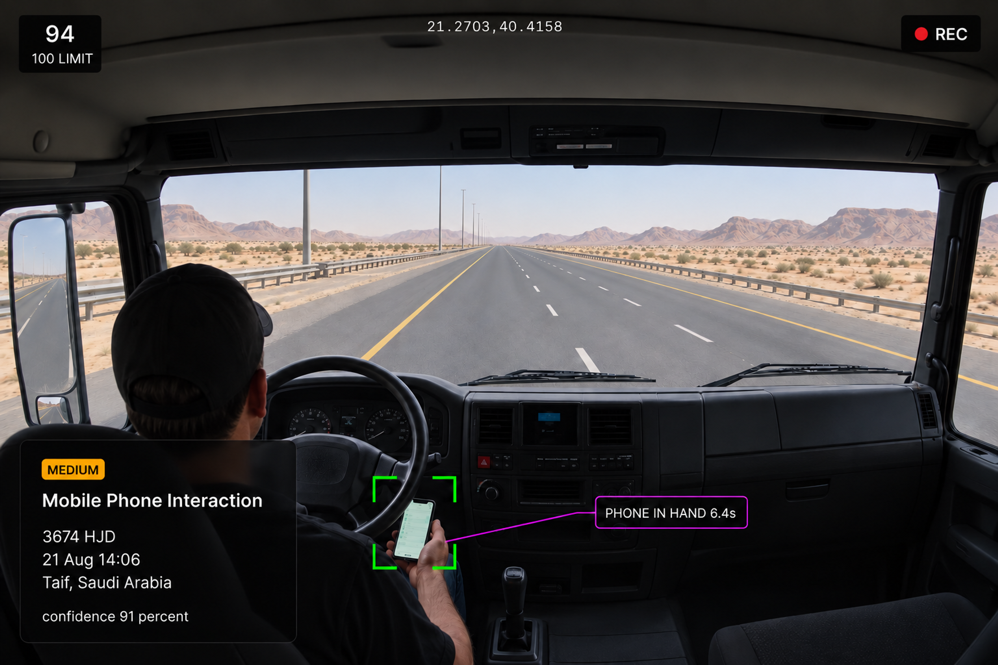Vision360 distraction event review: the distraction event header with phone use detected, the in-cab video with the driver's face boxed, the detected behaviour and confidence panel, the event details list, and the ten seconds before and after strip. 4:3, dark UI, 2000x1500.