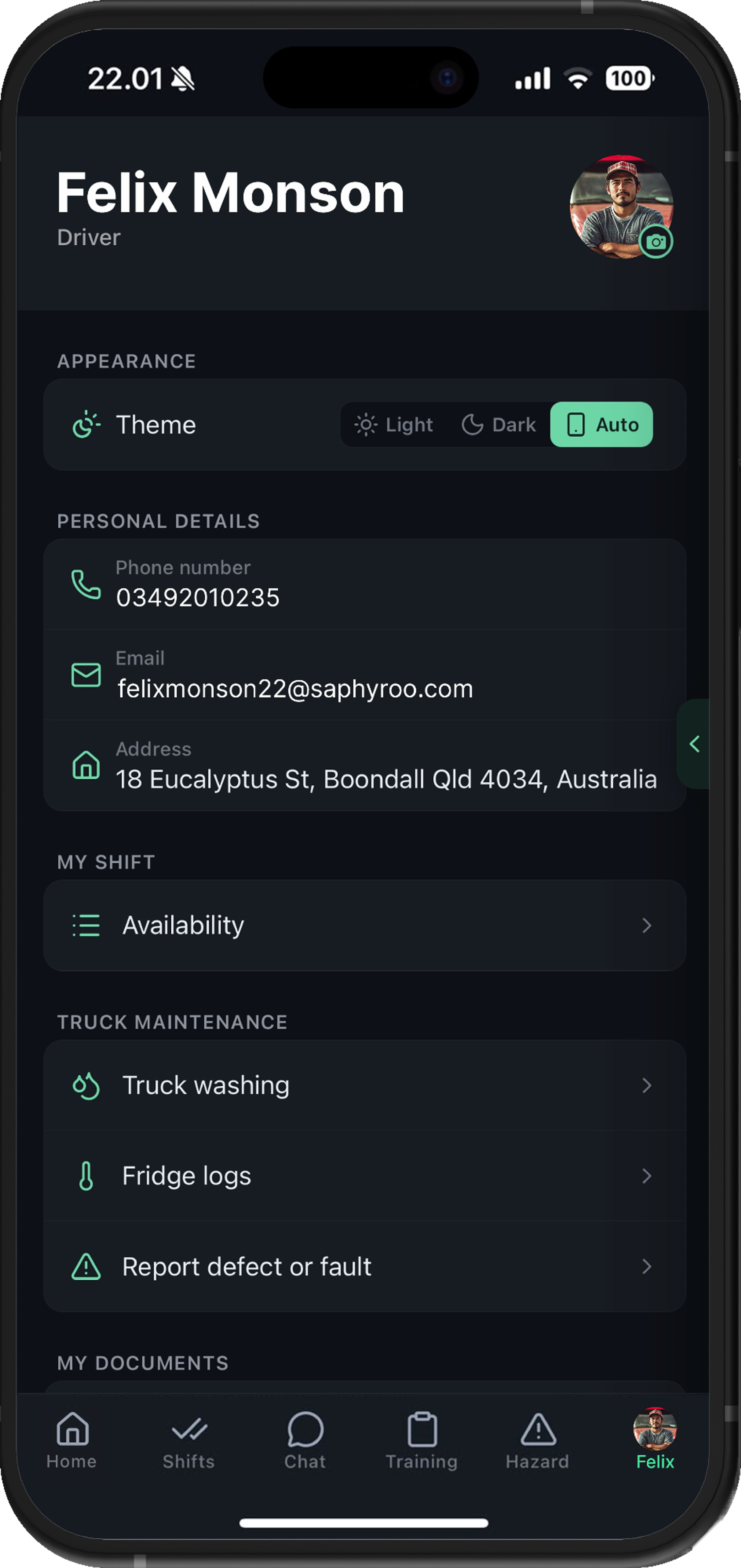 Drive360 driver app profile screen: theme, personal details, availability, and truck maintenance actions for washing, fridge logs and defect reporting
