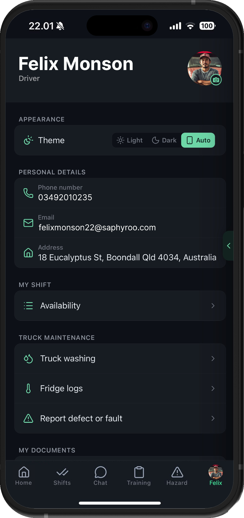 Drive360 driver app profile screen: theme, personal details, availability, and truck maintenance actions for washing, fridge logs and defect reporting