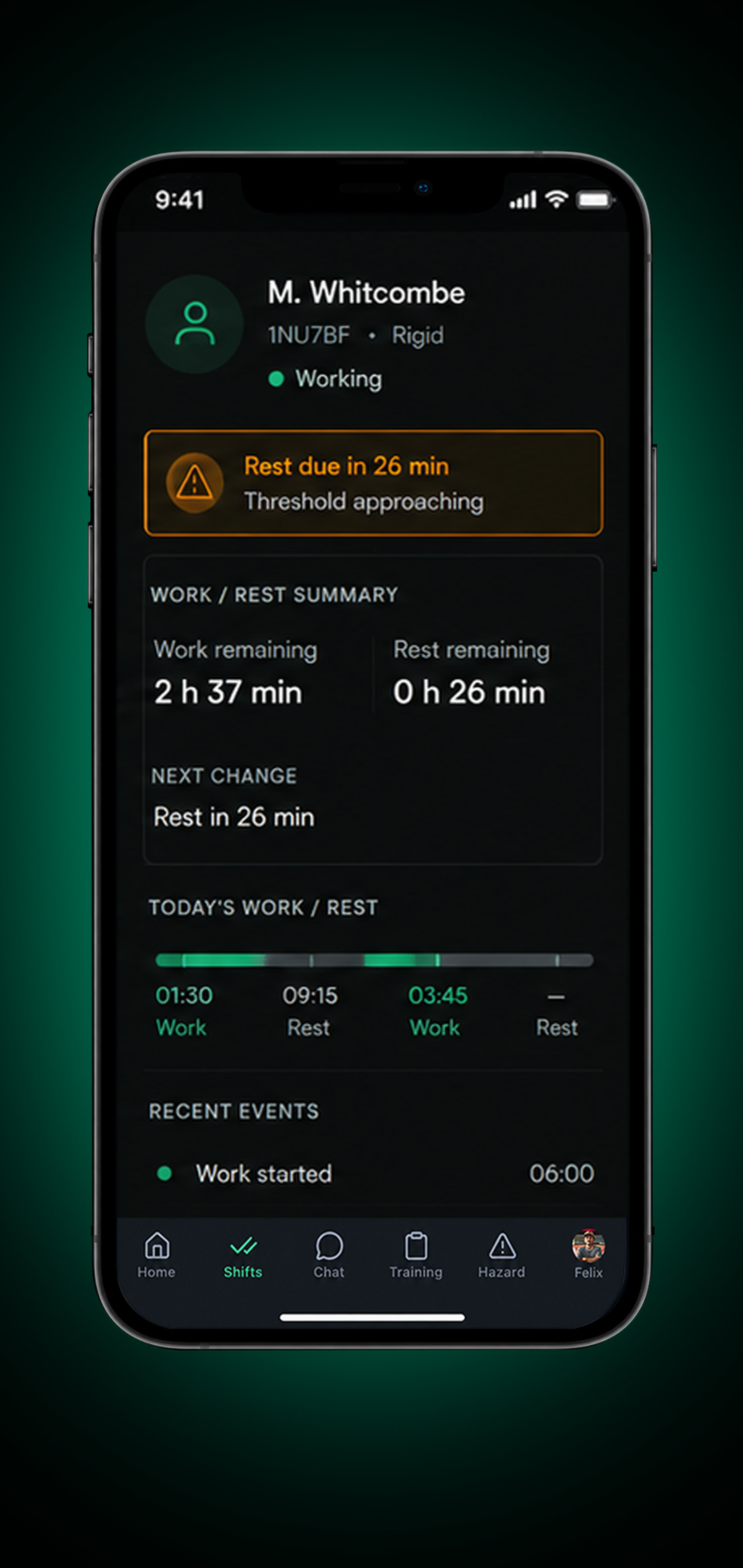 Drive360 app: at-risk status with hours worked and remaining