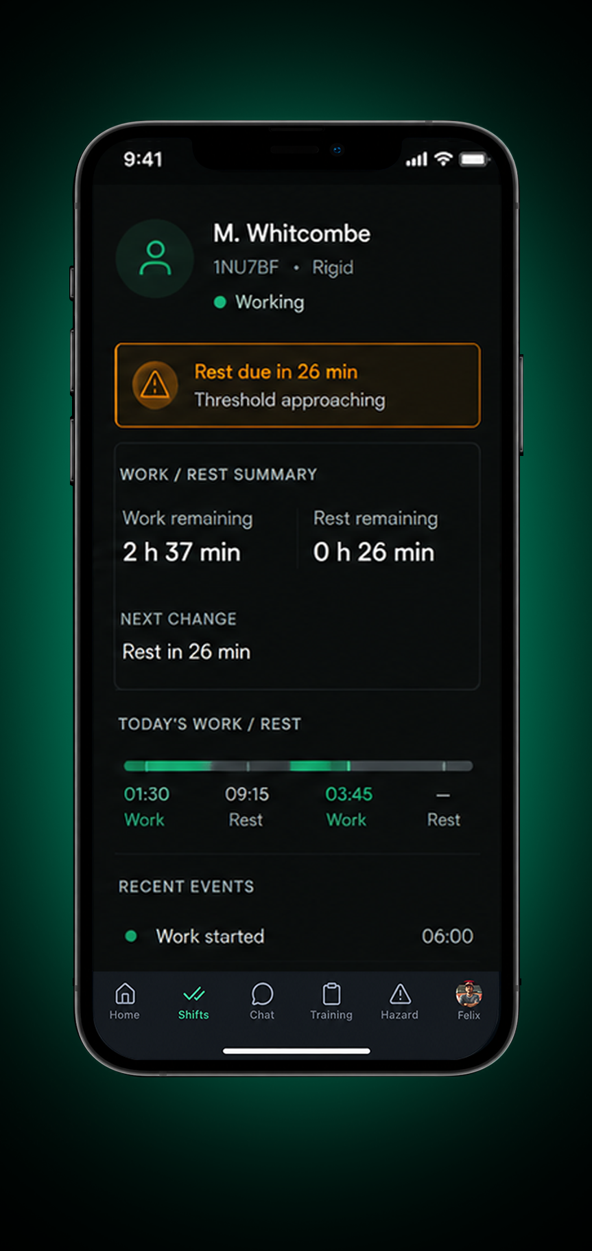 Drive360 app: at-risk status with hours worked and remaining