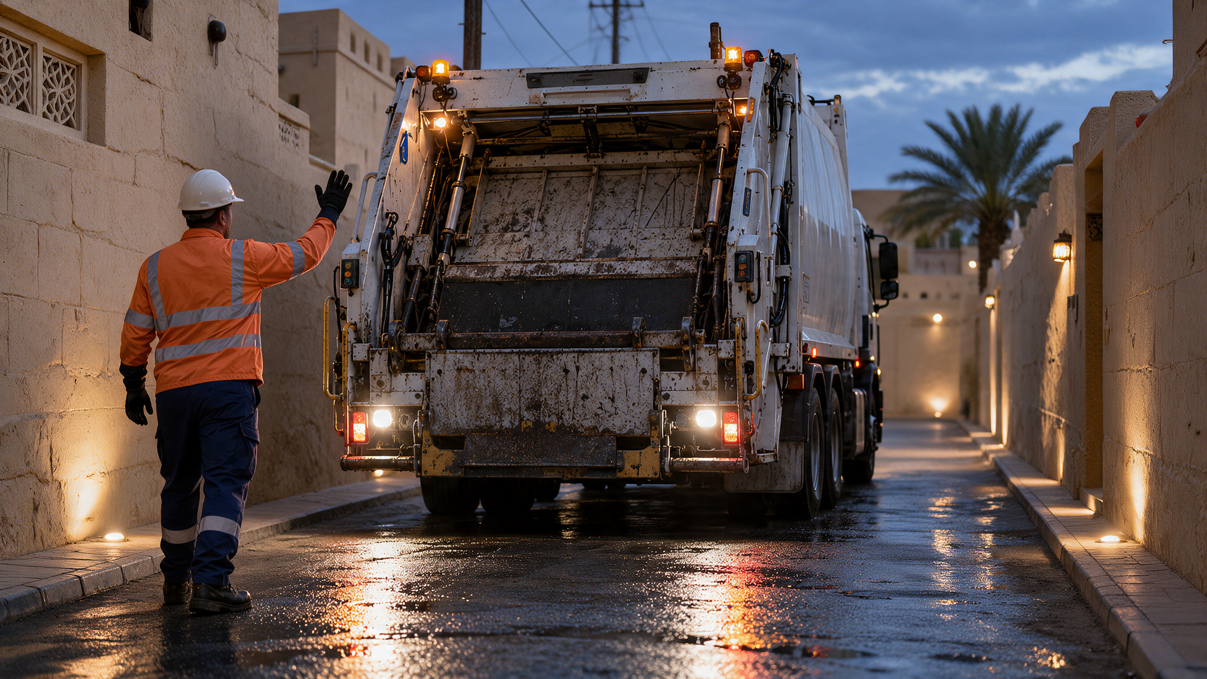 Editorial image: a refuse truck reversing on a narrow street. No text in the artwork.