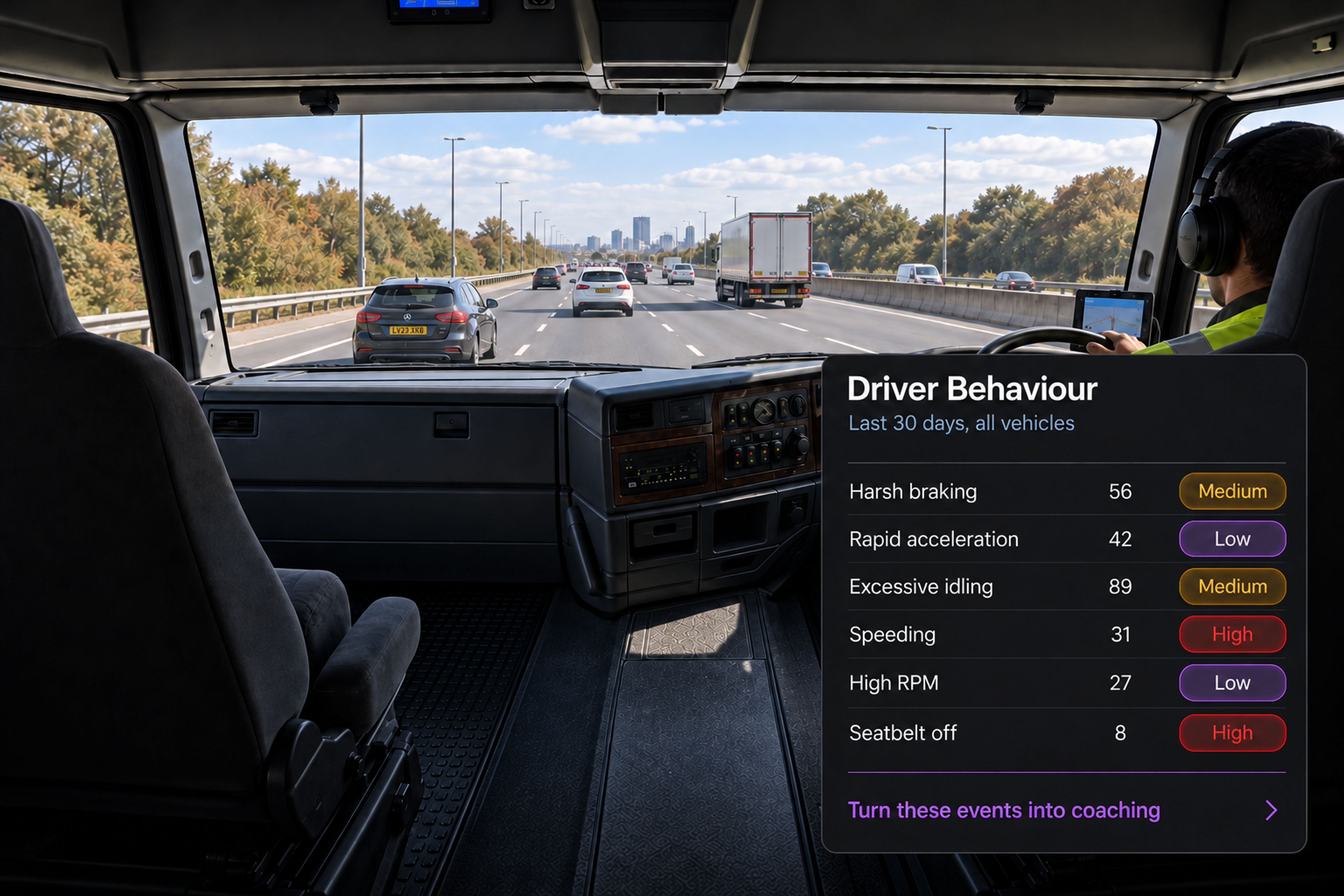 Driver behaviour panel: six behaviours with their event counts and severity chips, above the turn-events-into-coaching link. 4:3, dark UI.