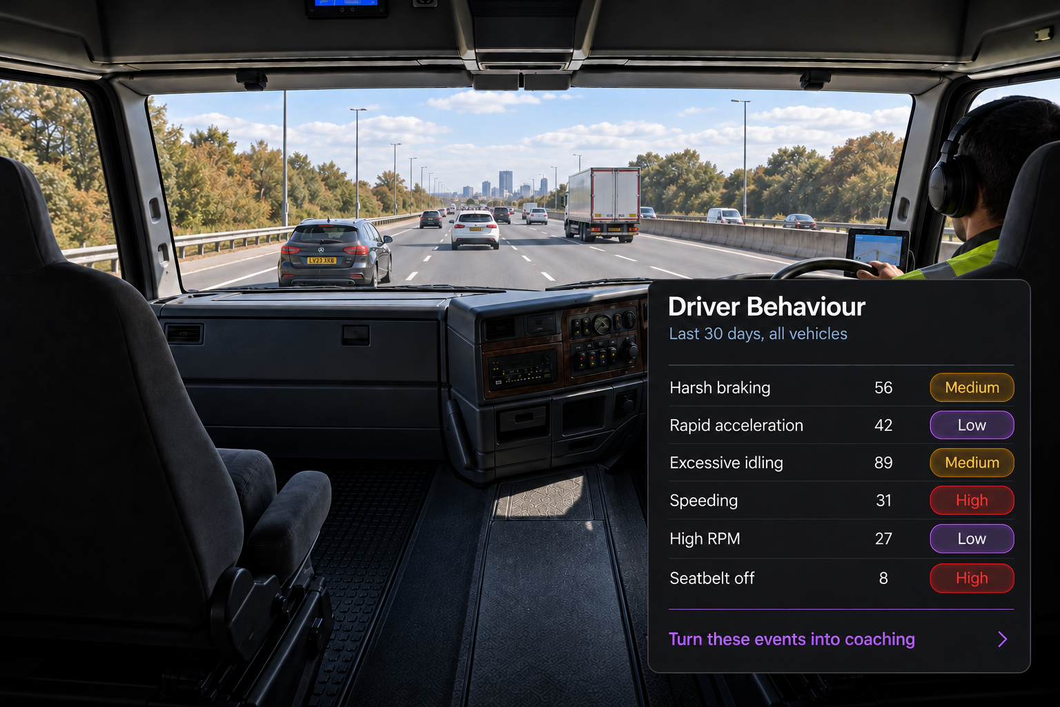 Driver behaviour panel: six behaviours with their event counts and severity chips, above the turn-events-into-coaching link. 4:3, dark UI.