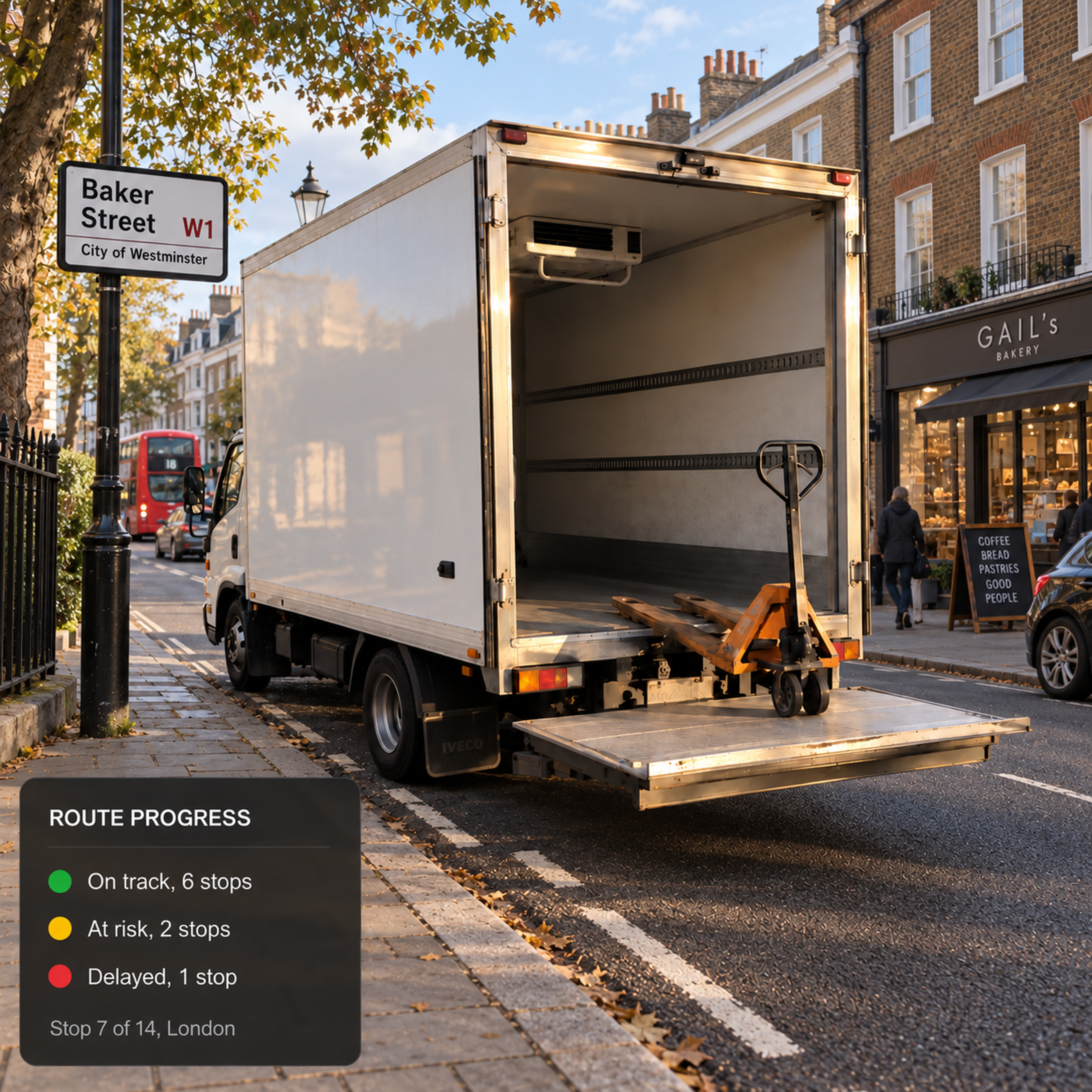 Live execution view: route progress with on-track, at-risk and delayed stops.