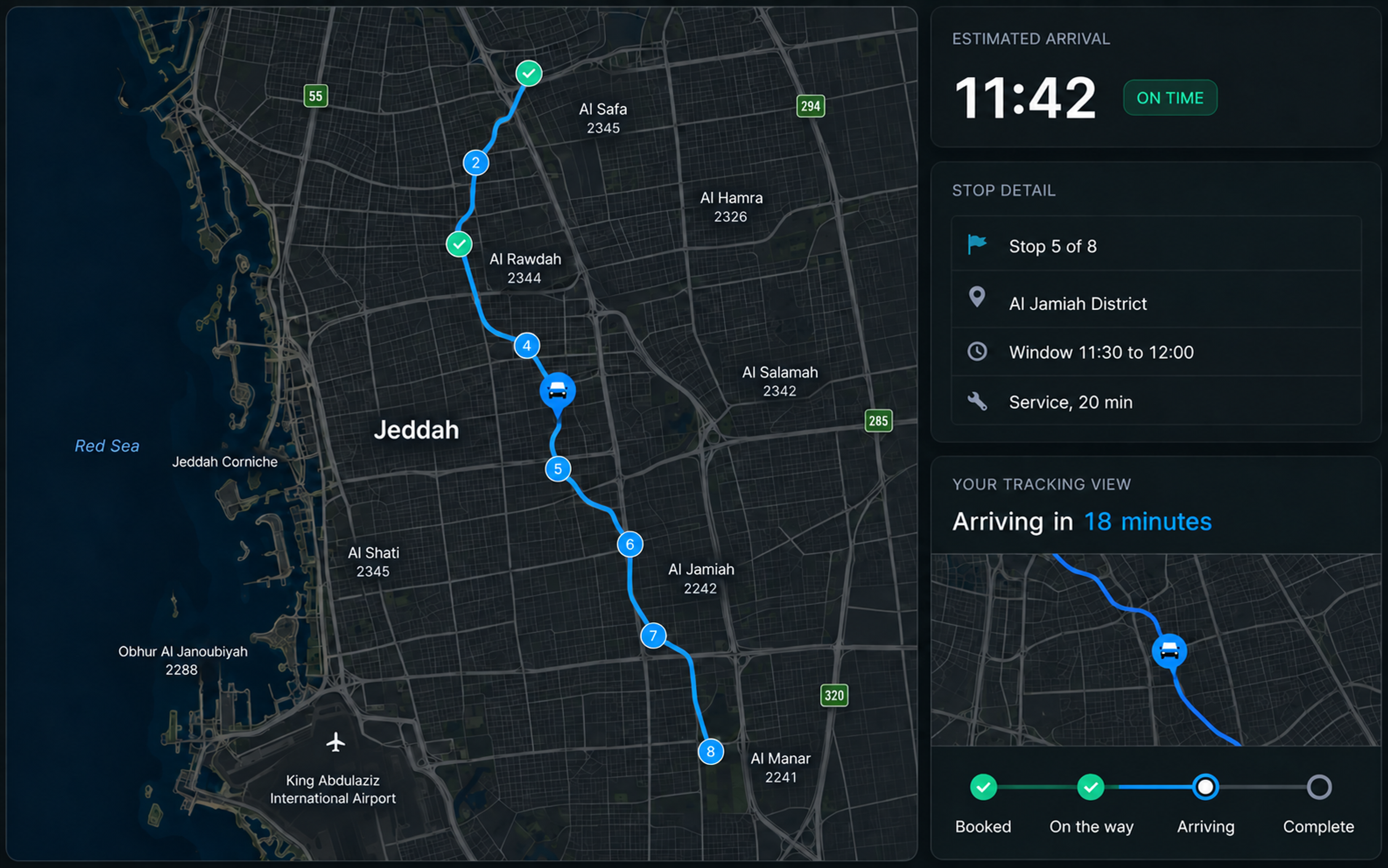 Live tracking: the route on a map with the vehicle mid-run, an estimated arrival card, the service stop detail, and the customer's own tracking view on a handset beside it.