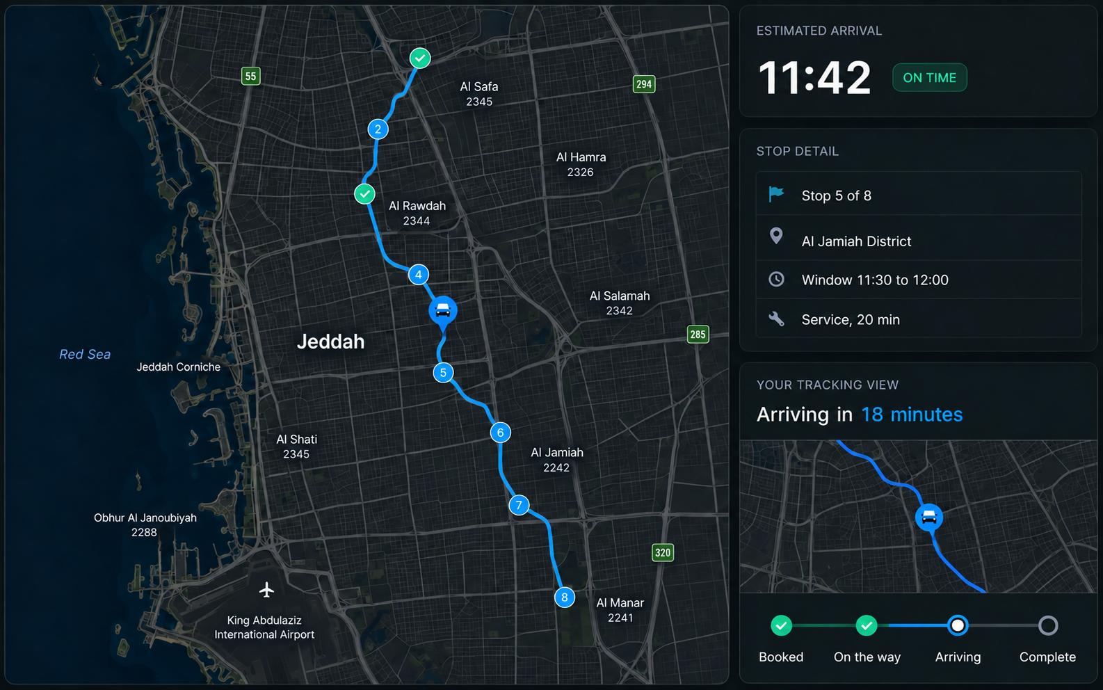 Live tracking: the route on a map with the vehicle mid-run, an estimated arrival card, the service stop detail, and the customer's own tracking view on a handset beside it.