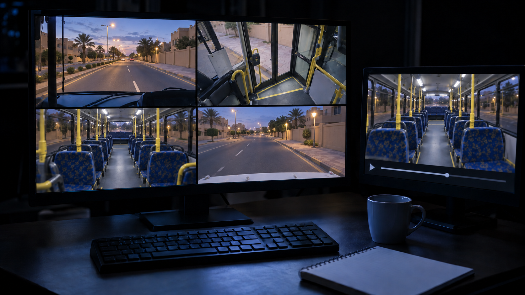 Editorial image: a multi-camera review workspace, screen glow. No text in the artwork.