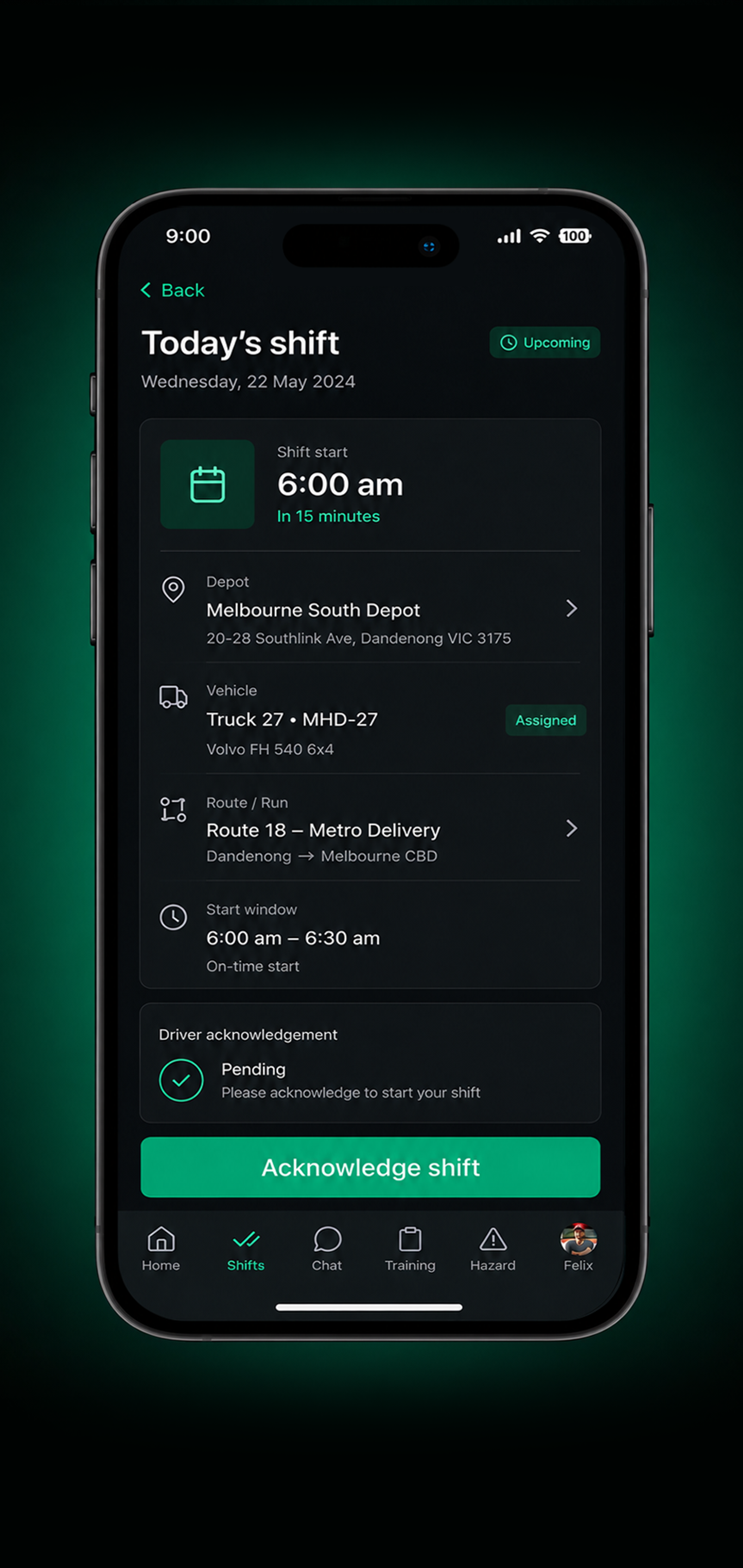Drive360 app: shift details with depot, vehicle and times, and an accept button