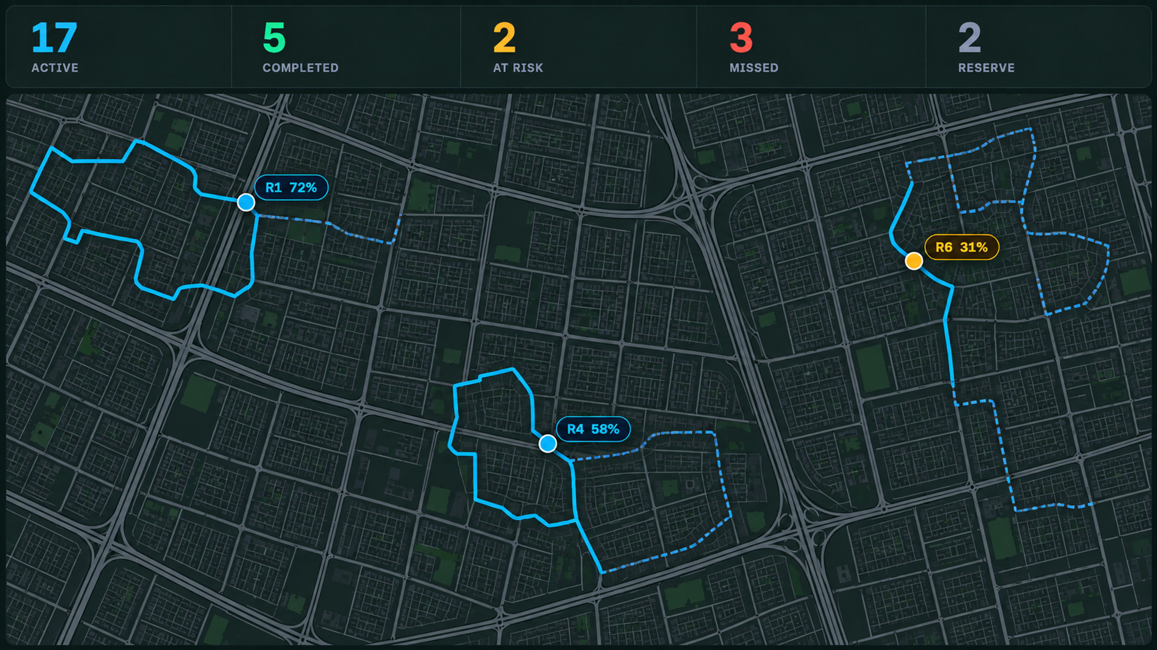 Control centre: round counters over the live map, with active rounds and their progress.