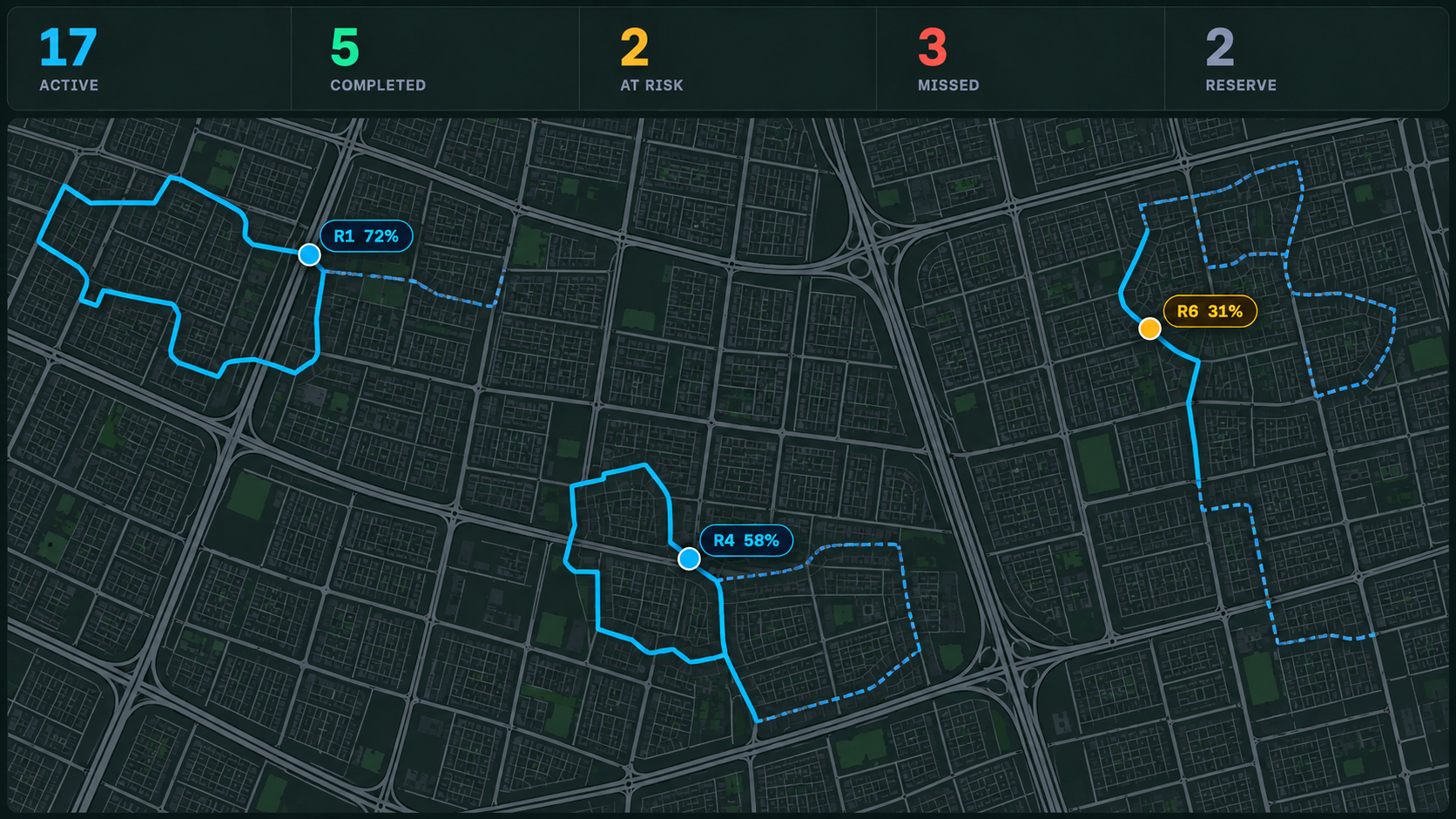 Control centre: round counters over the live map, with active rounds and their progress.