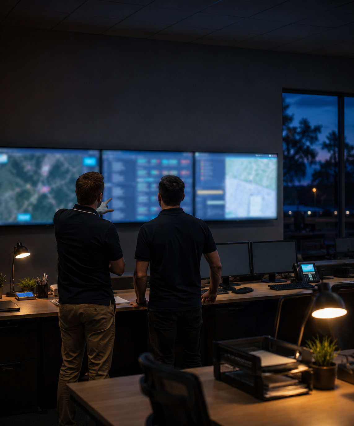 Photograph: a transport operations room at dusk, screens glowing, people mid-decision. Dark and cool, room at the top, no text in the artwork.