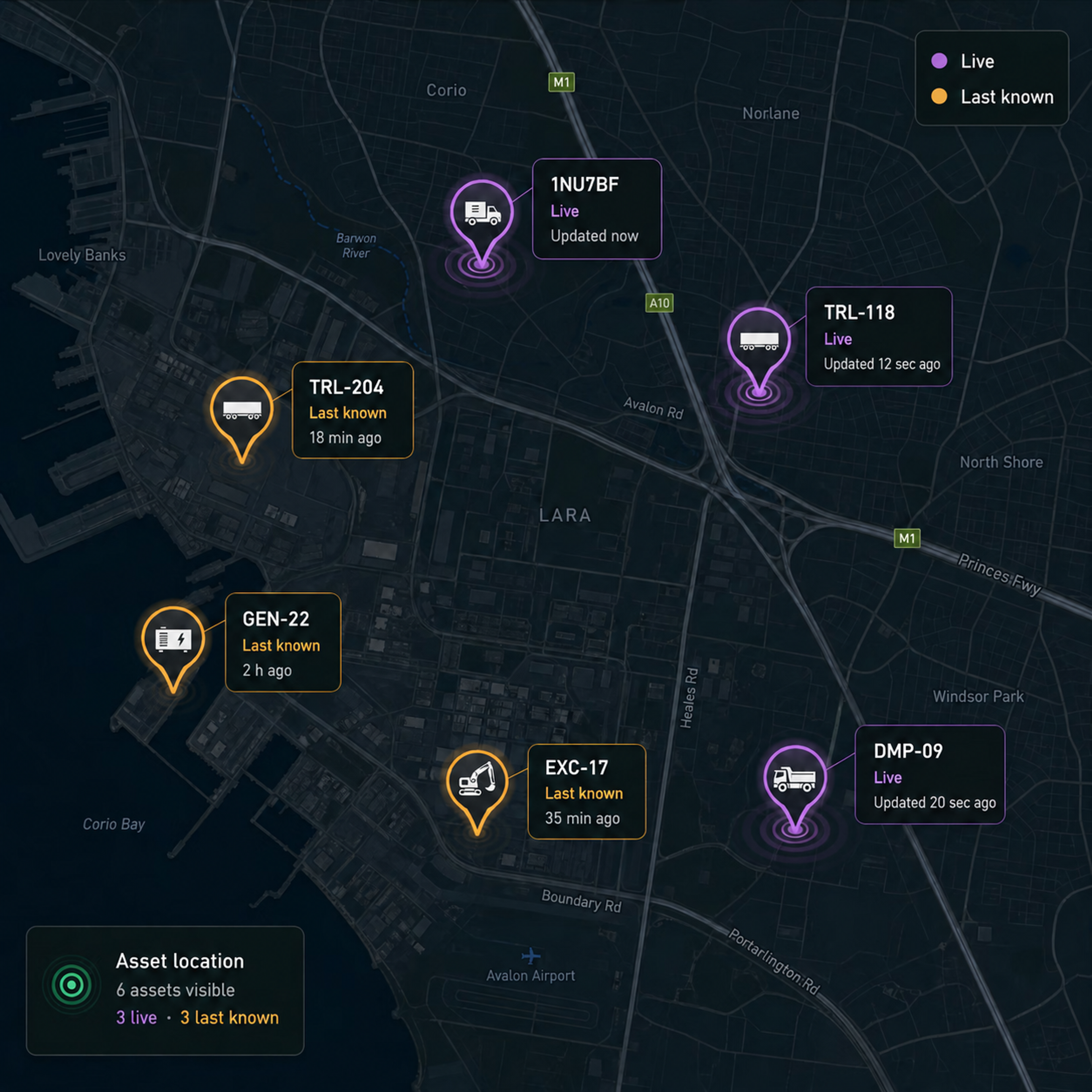 Asset map with live and last-known pins distinguished, and their timestamps. 4:3, dark UI.