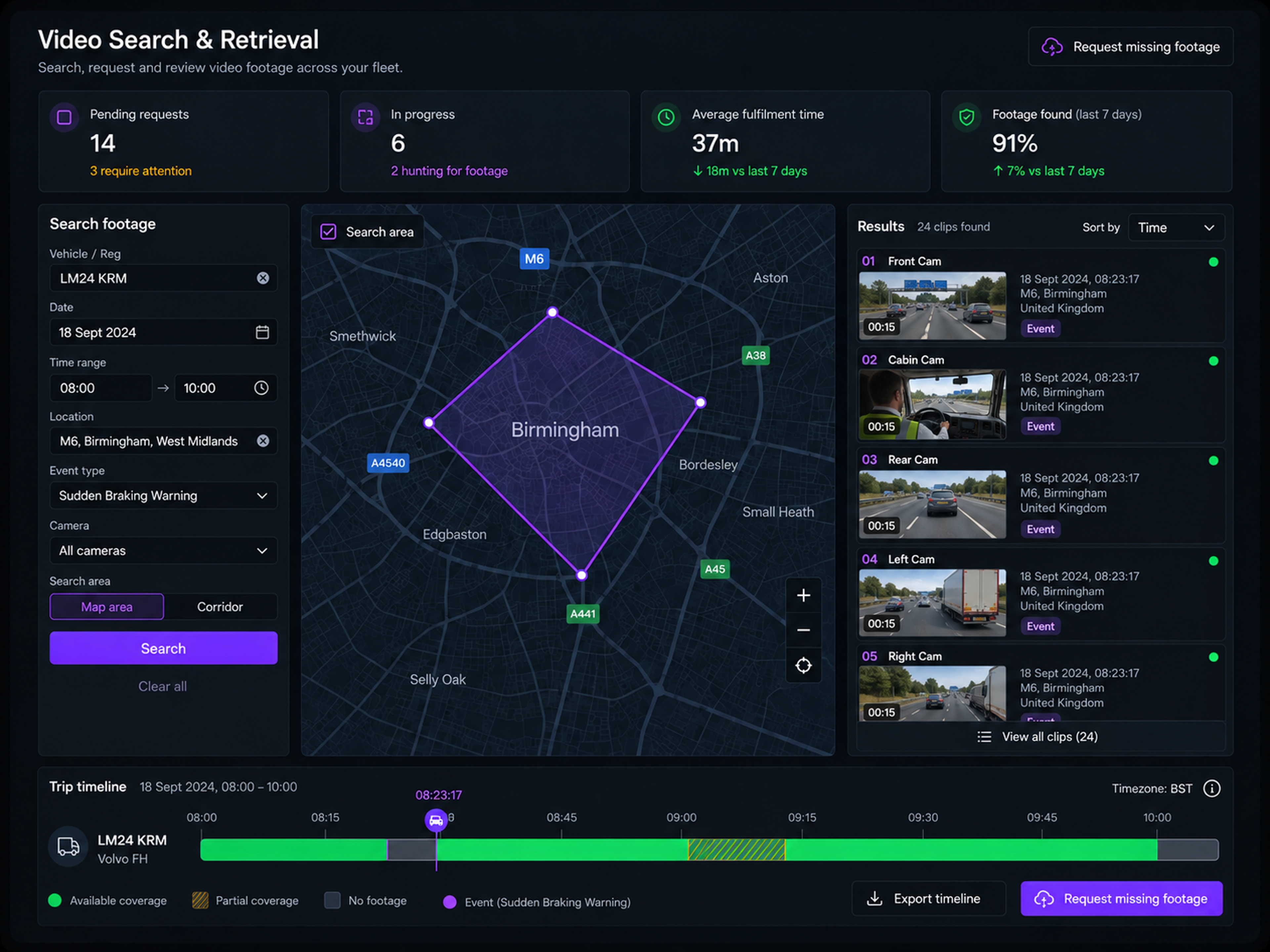 Vision360 footage search: the counters for pending requests, in progress and average fulfilment time, the search form for vehicle, date and time, location and event type, the map search with a drawn area, and the trip timeline showing available, partial and unavailable coverage. 4:3, dark UI, 2000x1500.