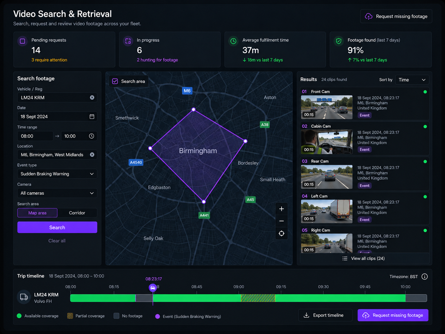 Vision360 footage search: the counters for pending requests, in progress and average fulfilment time, the search form for vehicle, date and time, location and event type, the map search with a drawn area, and the trip timeline showing available, partial and unavailable coverage. 4:3, dark UI, 2000x1500.