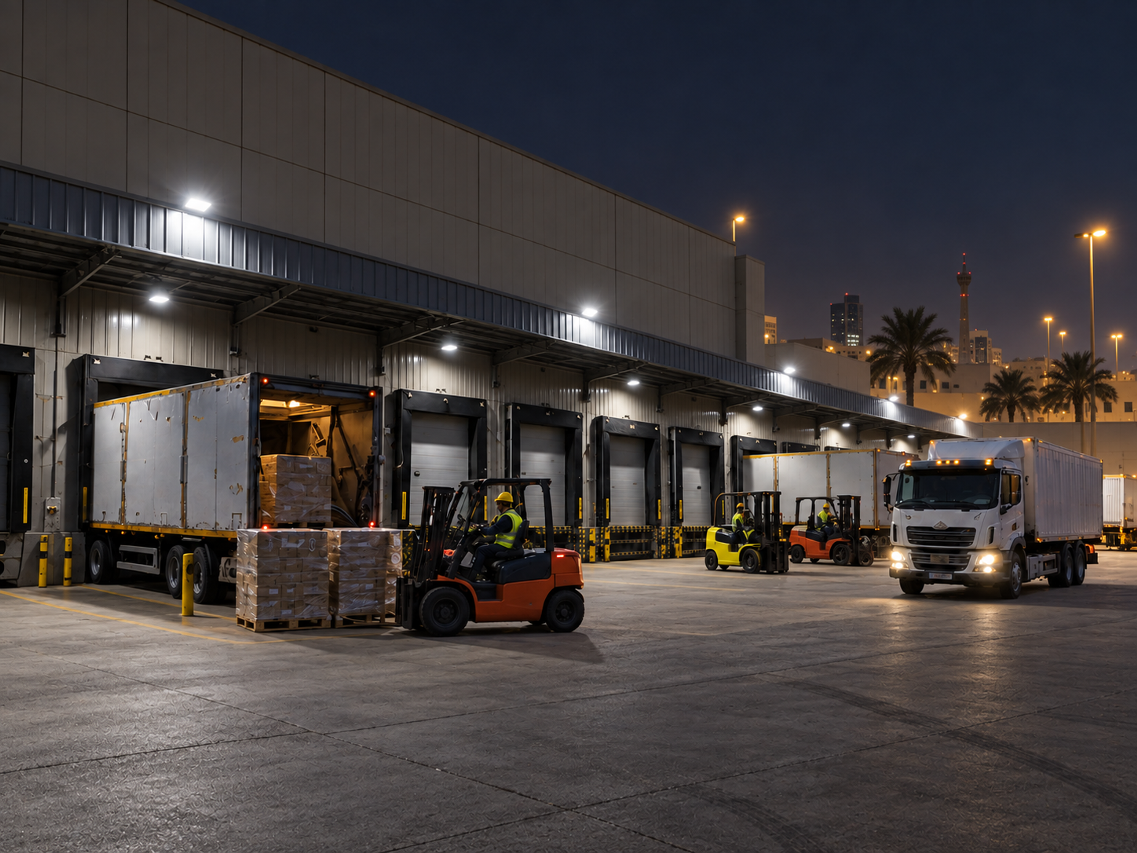 Photograph: a distribution centre dock at night, forklifts working under lights. Dark and cool, no text in the artwork.