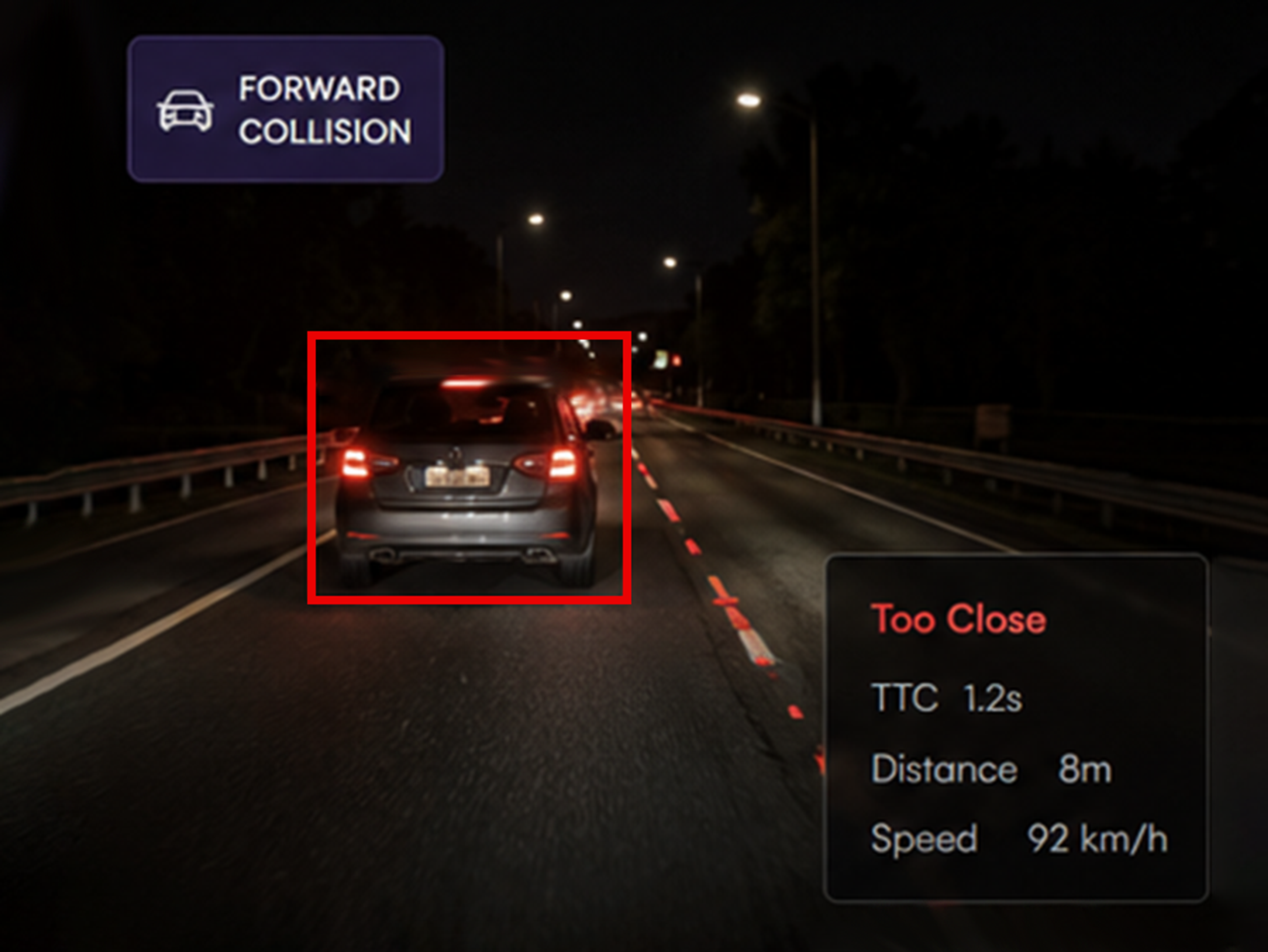Vision360 forward collision: road-facing frame with the following distance and time-to-collision readout.