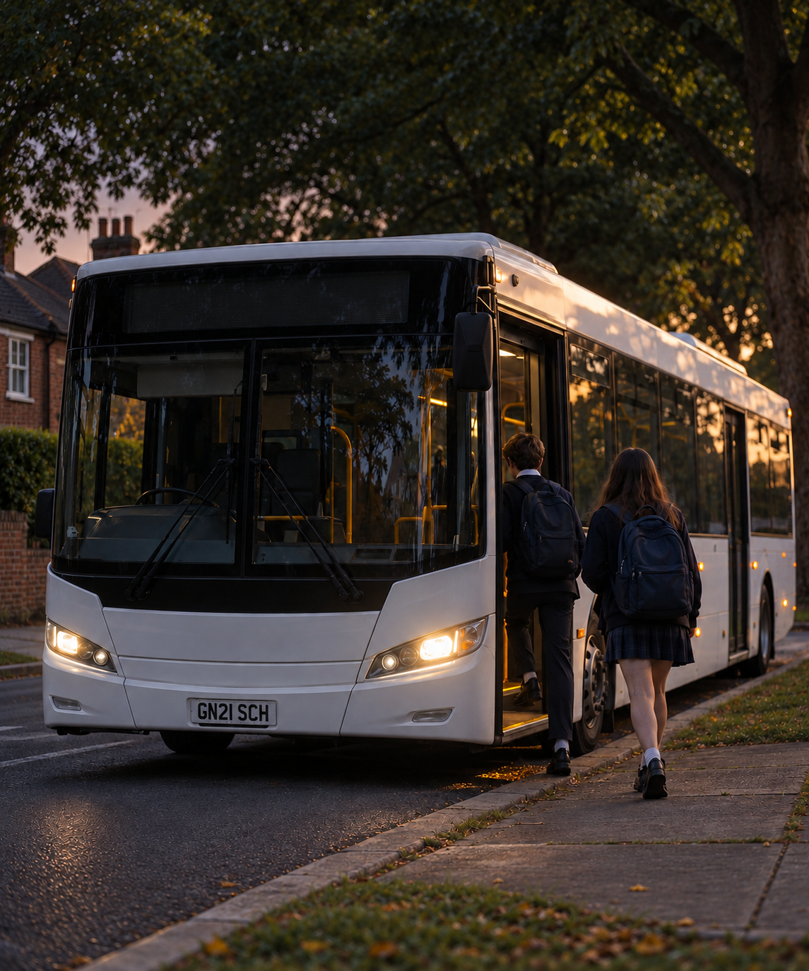 Photograph: a school bus on a suburban street in early light. Dark and cool, room at the top, no text in the artwork.