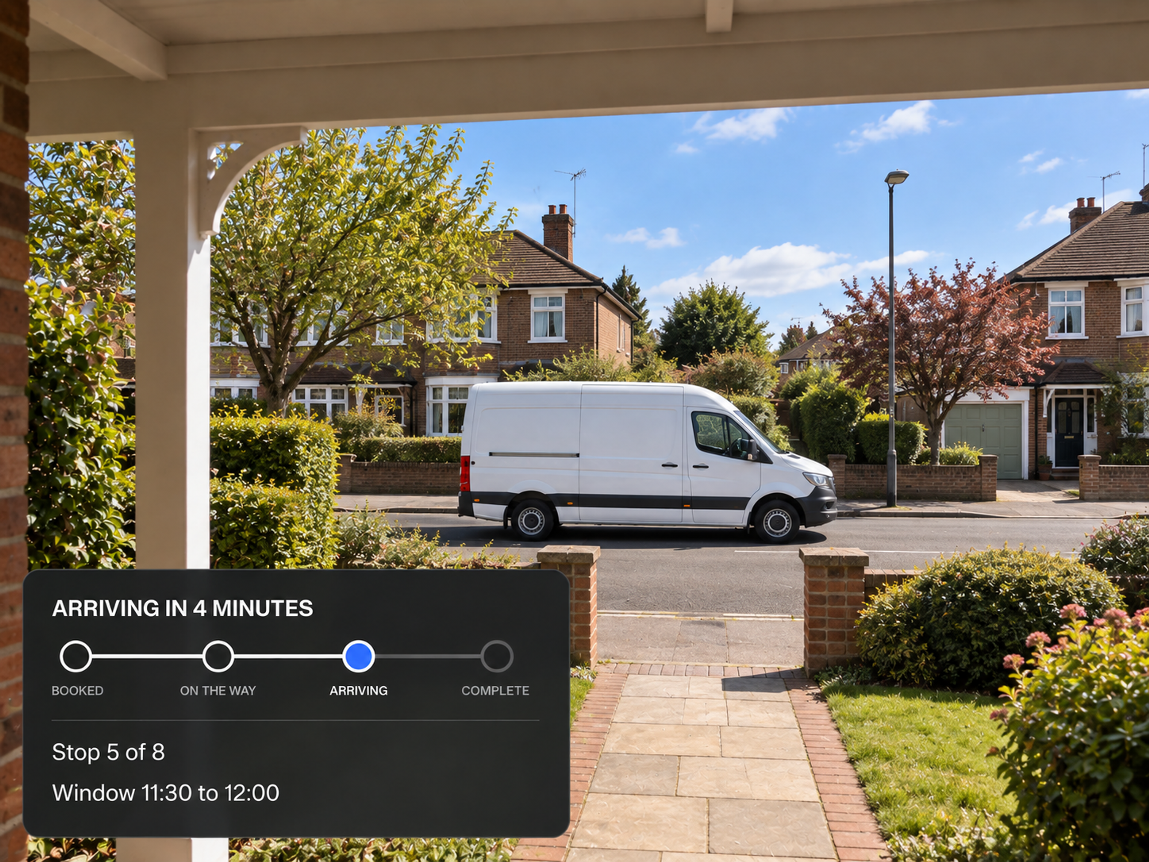 The customer's tracking page on a handset: the service status, the live map and the step timeline.