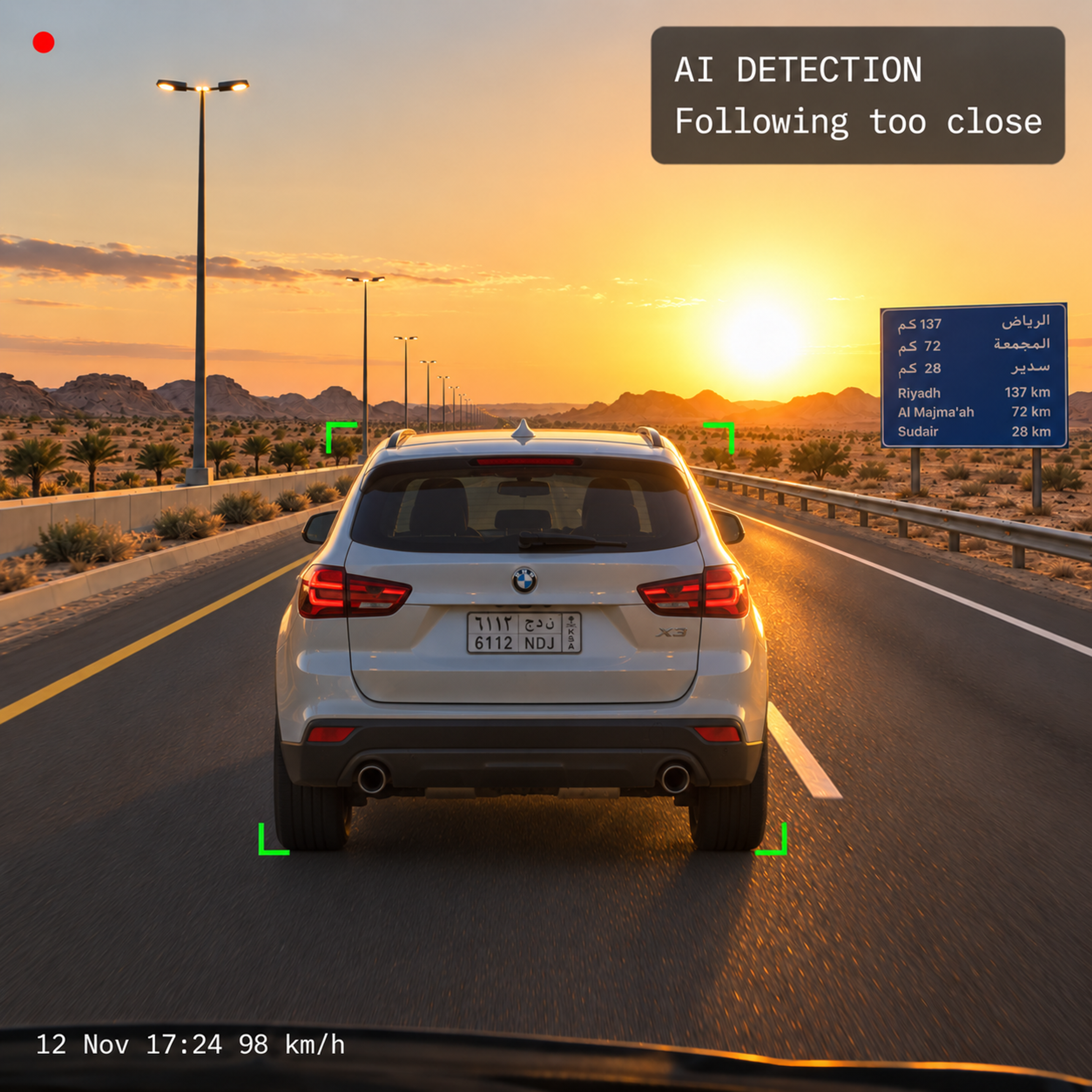 Road-facing camera frame with an AI detection box drawn on a following vehicle.