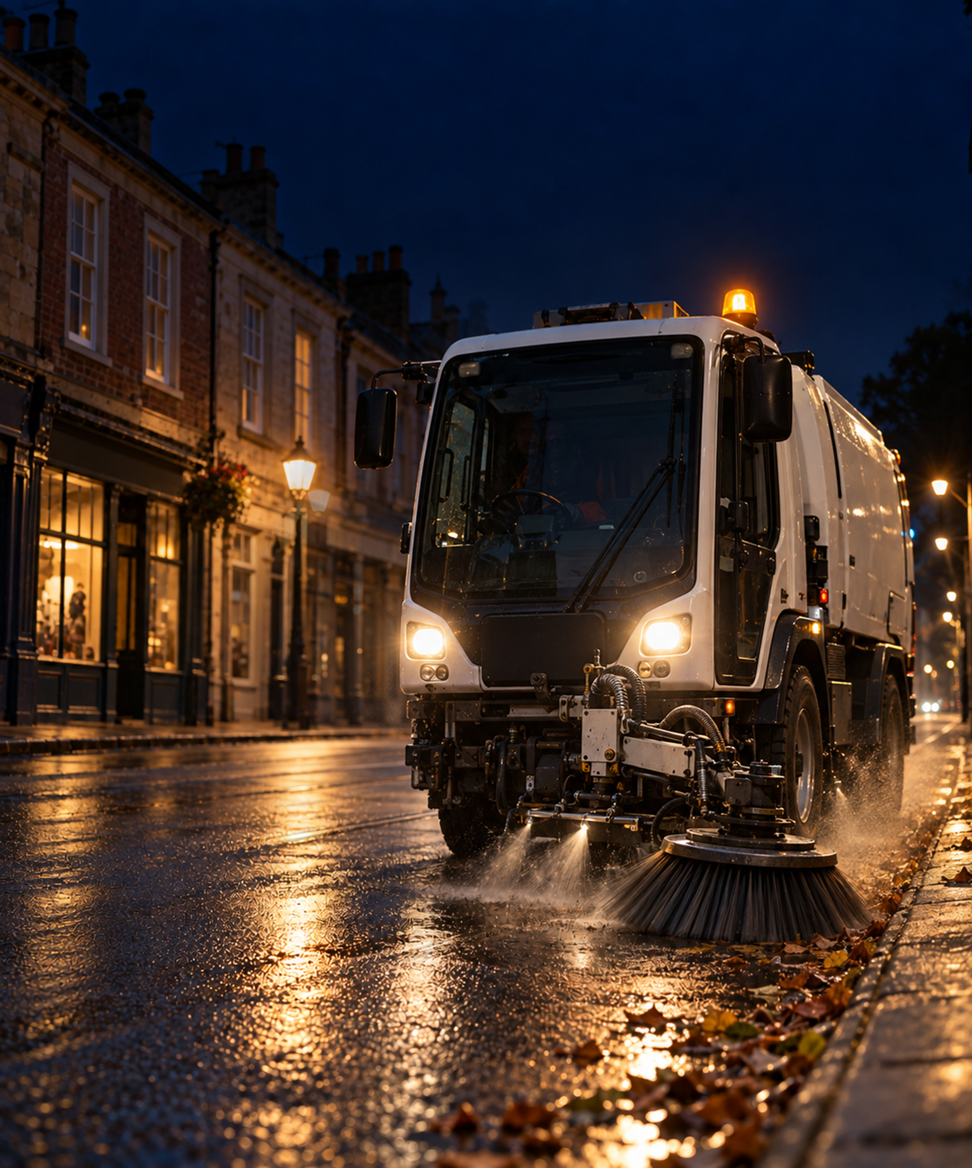 Photograph: a street sweeper on a city street at first light. Dark and cool, room at the top, no text in the artwork.