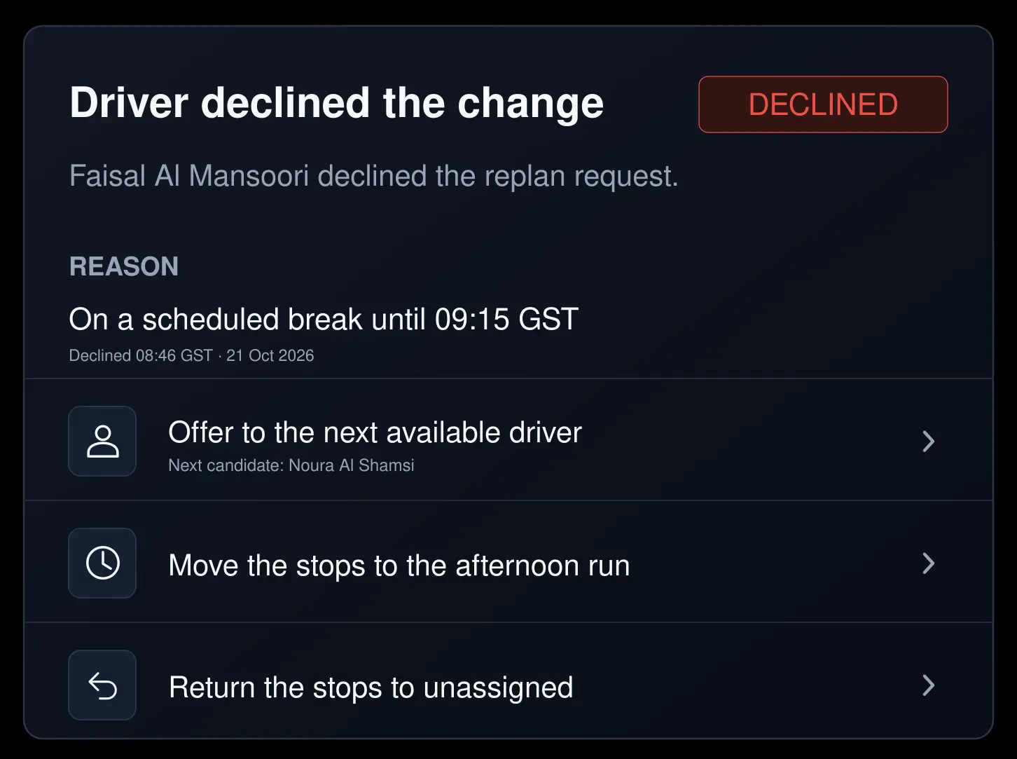 Driver declined flow with the alternative options. 4:3, dark UI.