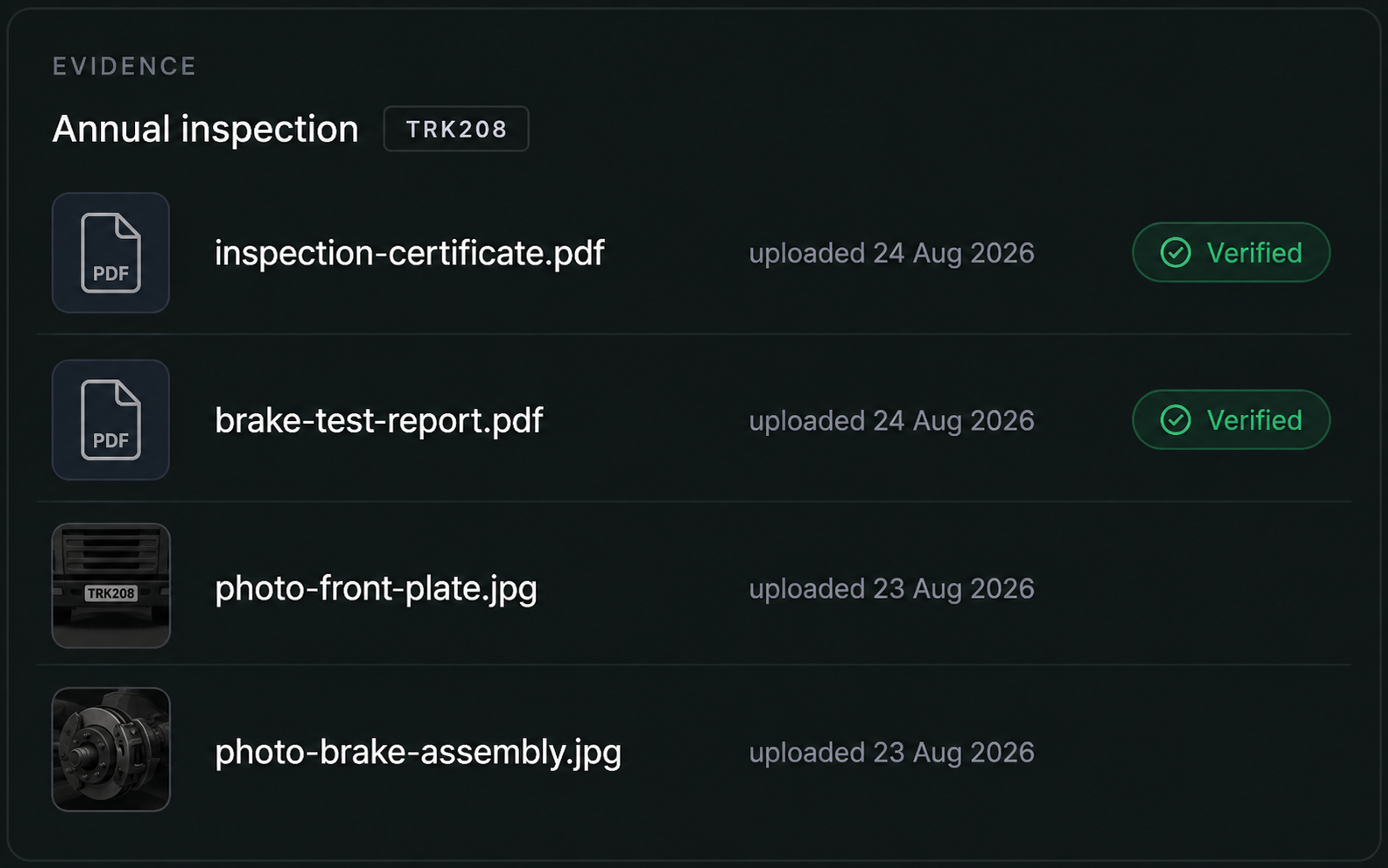 Drive360 evidence panel: documents and photos attached to a compliance requirement