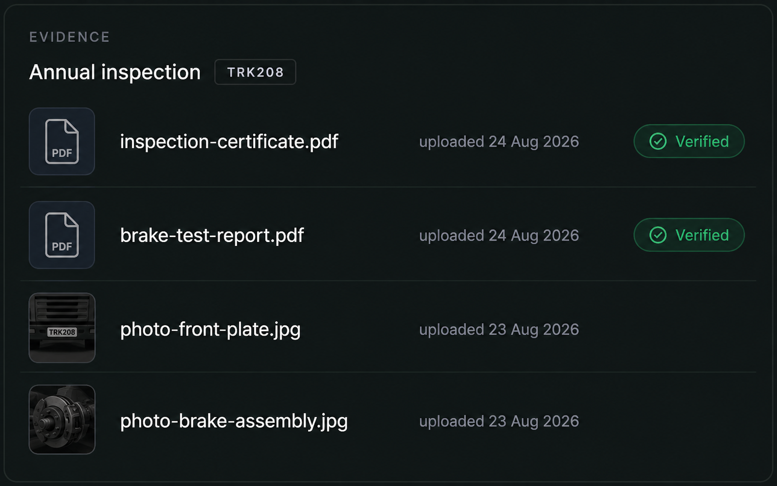 Drive360 evidence panel: documents and photos attached to a compliance requirement