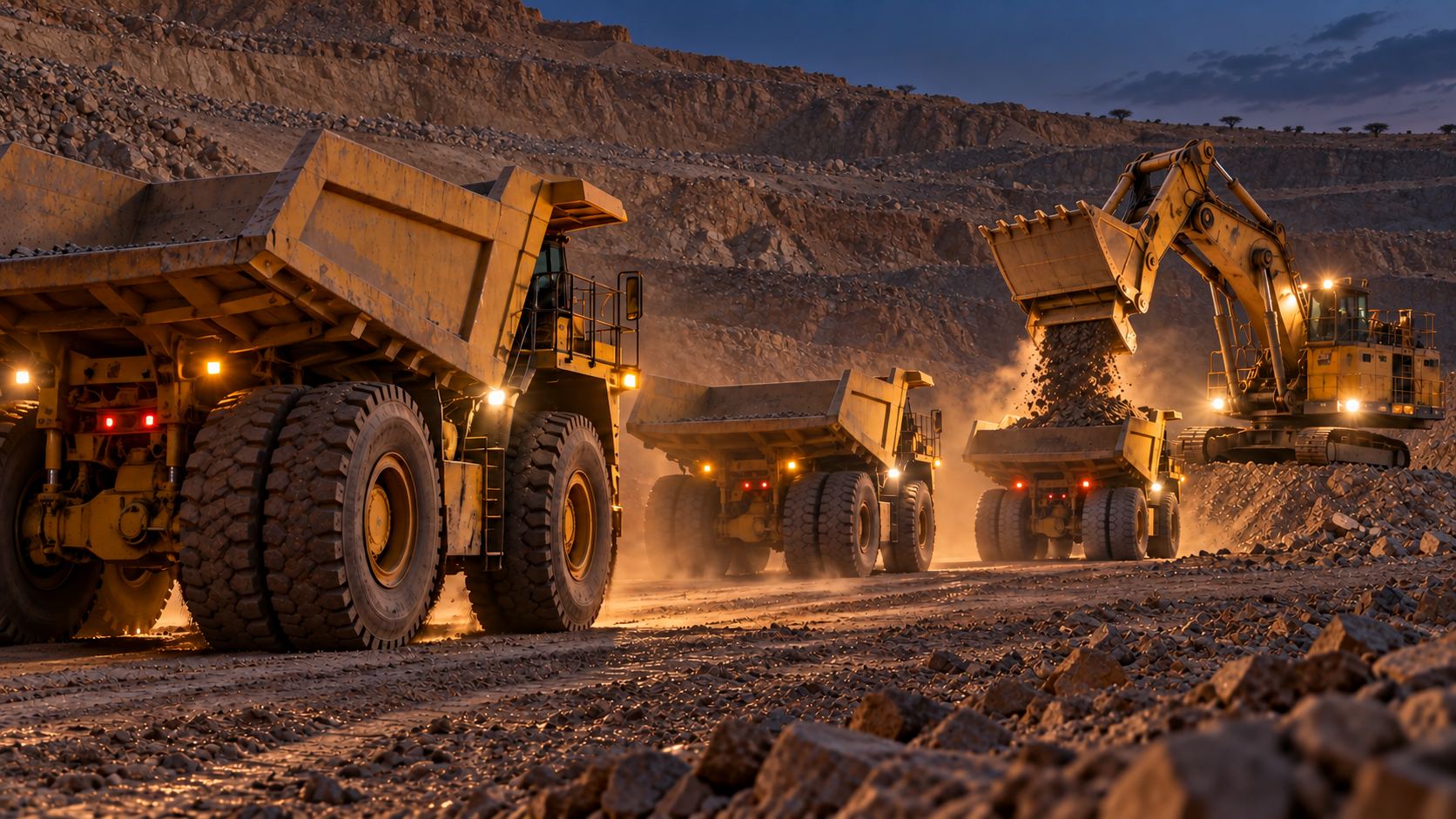 Editorial image: haul trucks queued at a loading unit at dusk. No text in the artwork.