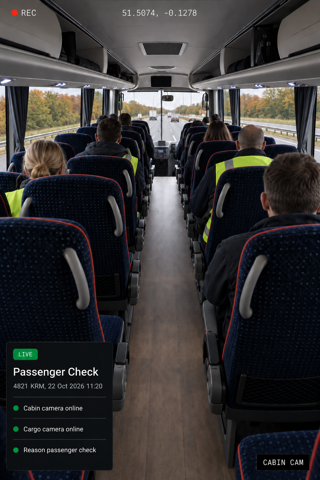Photograph: the interior of a loaded van or a passenger coach cabin, empty of people. Portrait 3:4, dark and cool, room at the top for a heading, no text in the artwork.