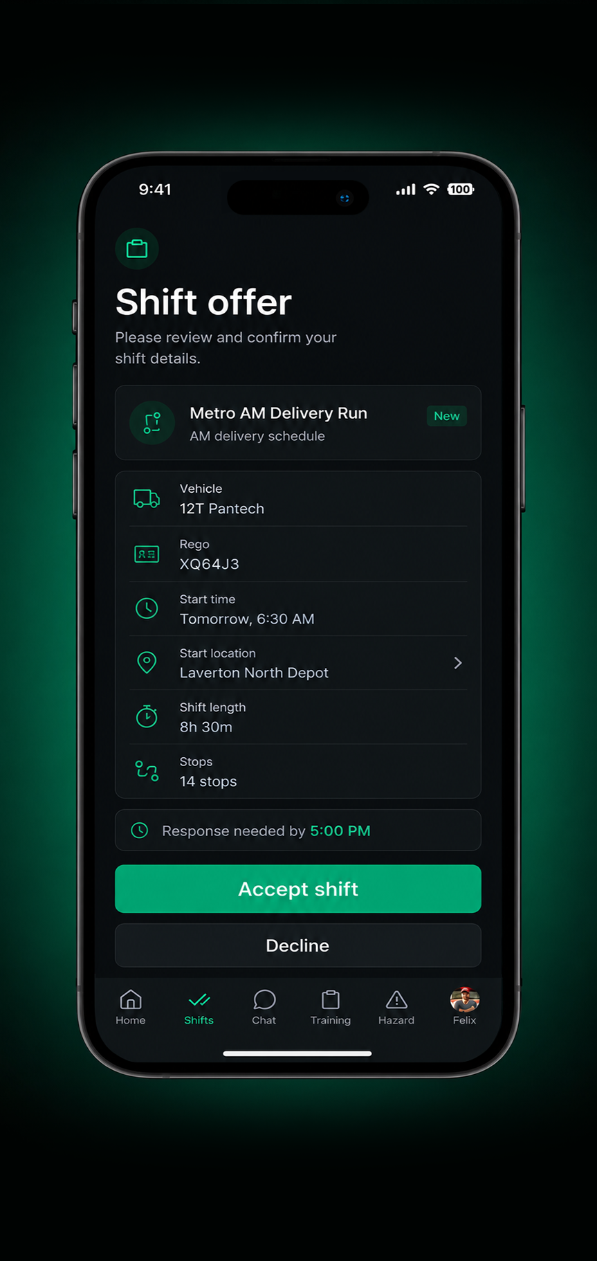 Drive360 app: shift accepted, confirmed by the driver