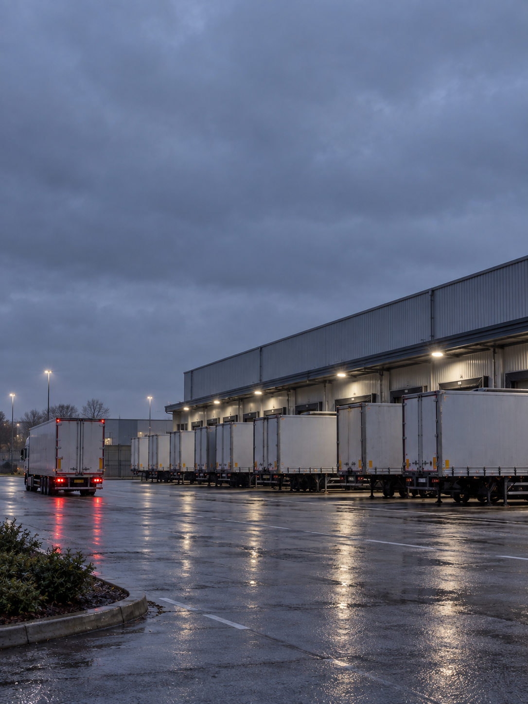 Photograph: a distribution yard before dawn, trailers under lights, one prime mover pulling out. Dark and cool, room at the top, no text in the artwork.