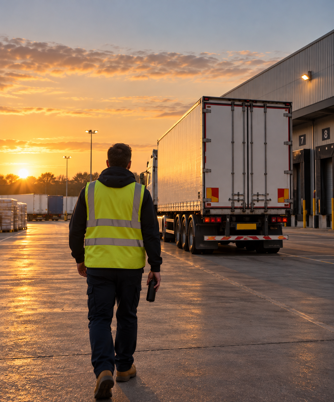 Photograph: a driver walking to the vehicle at dawn with a handset. Dark and cool, room at the top, no text in the artwork.