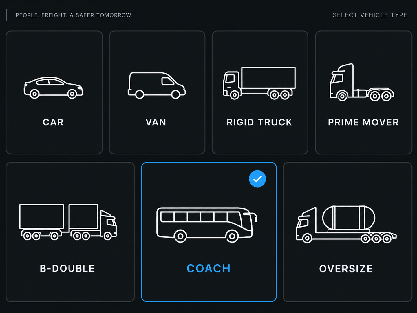Vehicle type selector across seven profiles with the coach profile selected. 4:3.