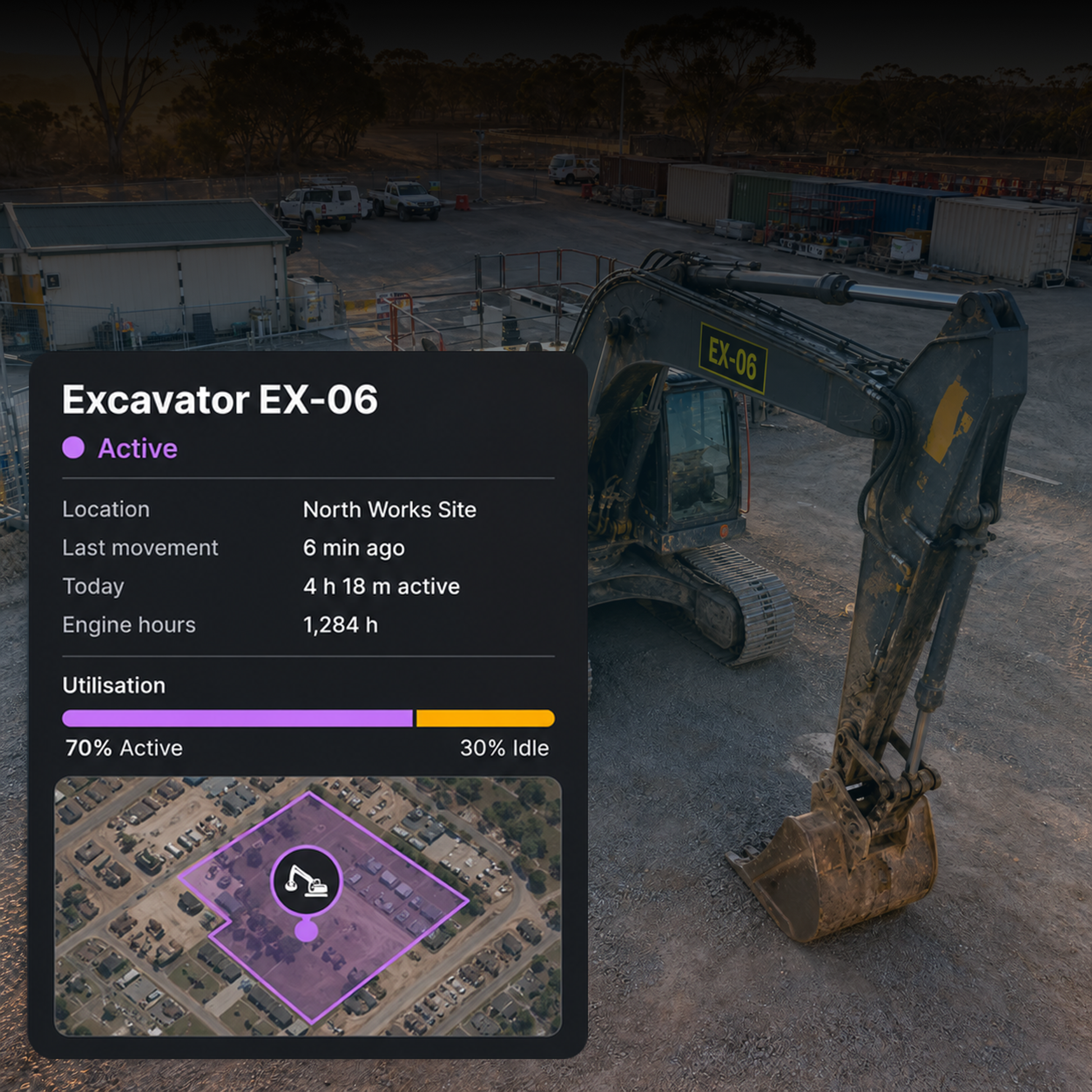 Photograph: an excavator and site machinery on a construction site. Portrait 3:4, dark and cool, room at the top for a heading, no text in the artwork.