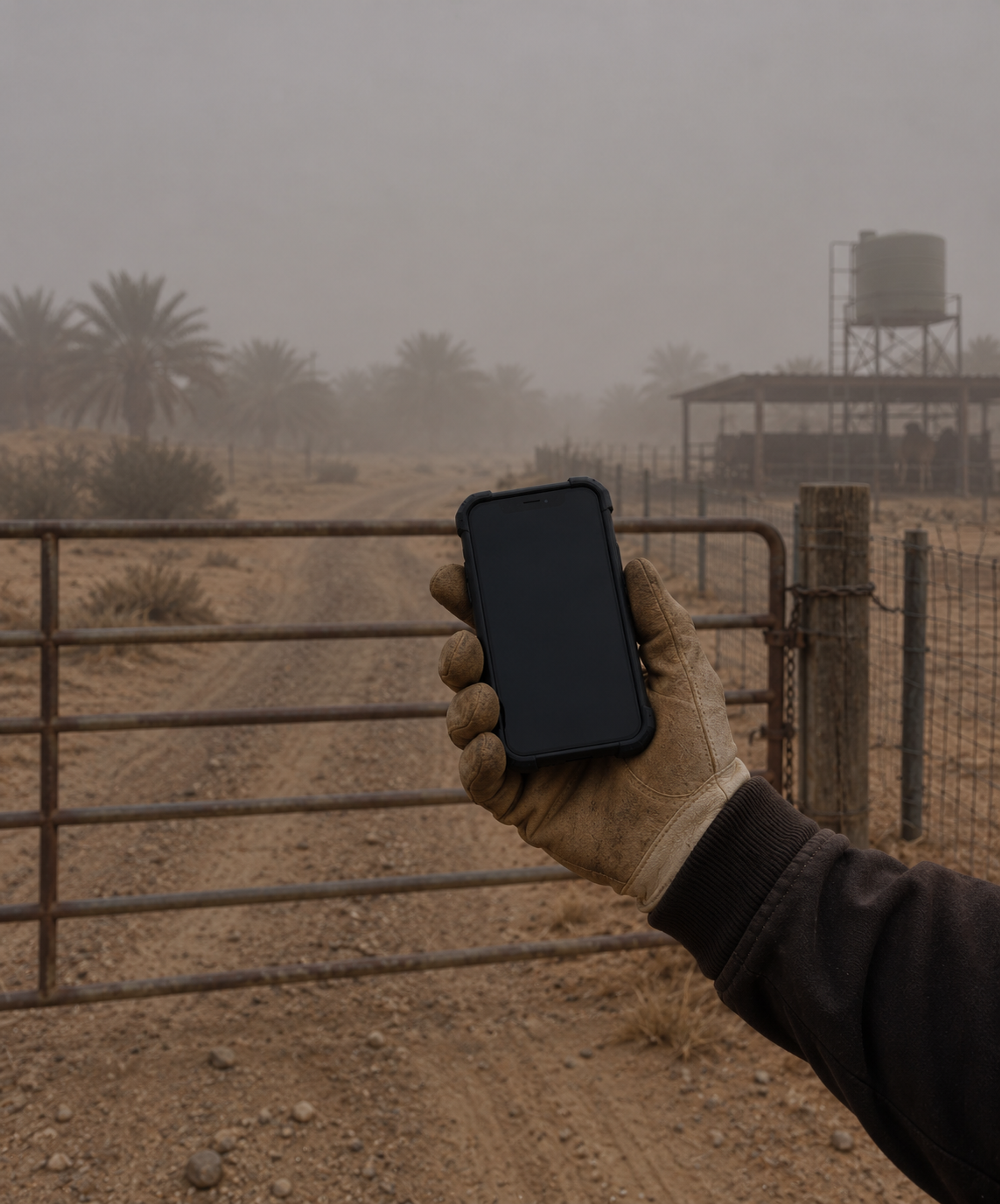 Photograph: a quiet close detail of a handset in a gloved hand. Dark and cool, room at the top, no text in the artwork.