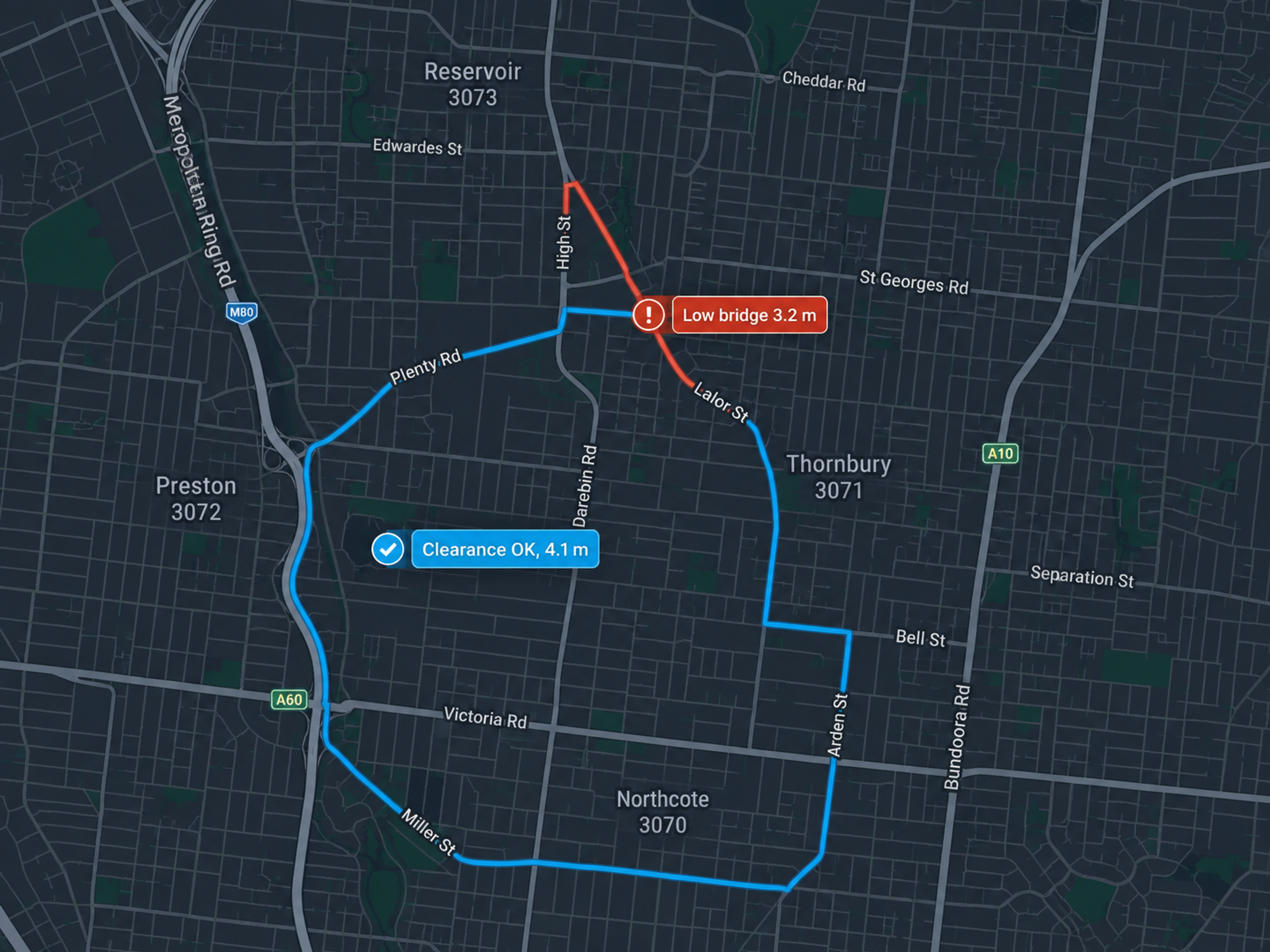 A coach route drawn on the map with a low-bridge warning at 3.2 m rejected and a compliant alternative selected. 16:9.