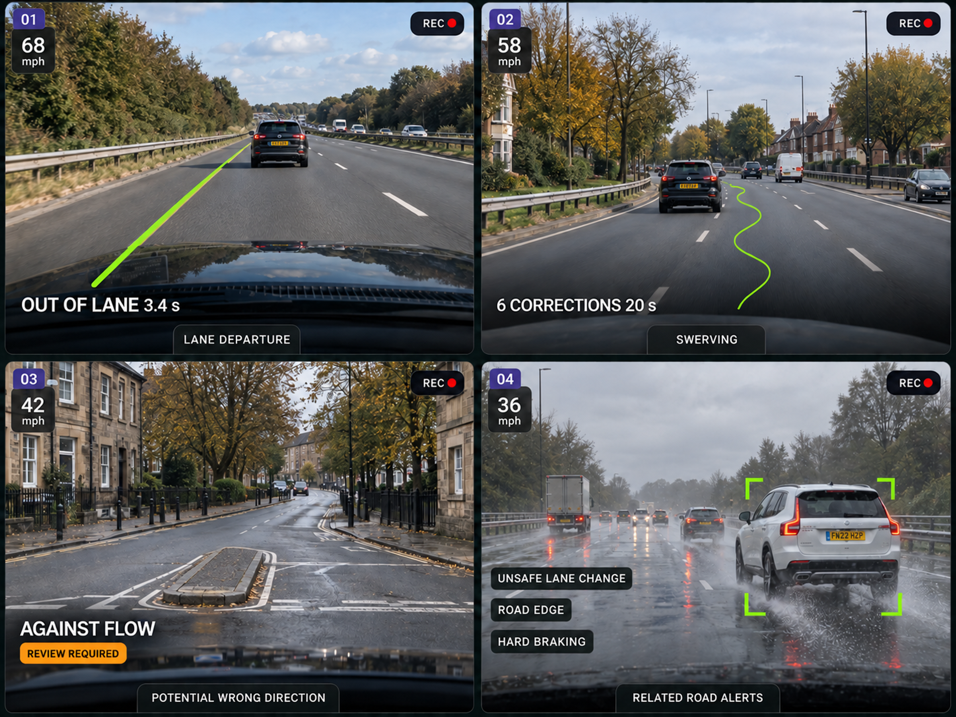 The four event types as road-facing camera stills: a vehicle crossing a lane line, a weaving path traced over a lane, a vehicle travelling against the flow, and a cluster of related road alerts. 4:3, dark UI.