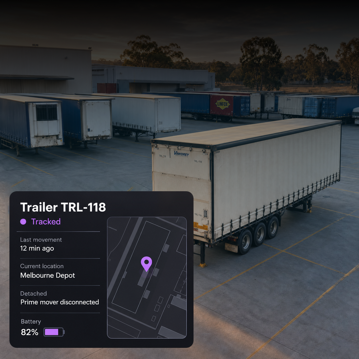 Photograph: a row of trailers in a distribution yard at first light. Portrait 3:4, dark and cool, room at the top for a heading, no text in the artwork.