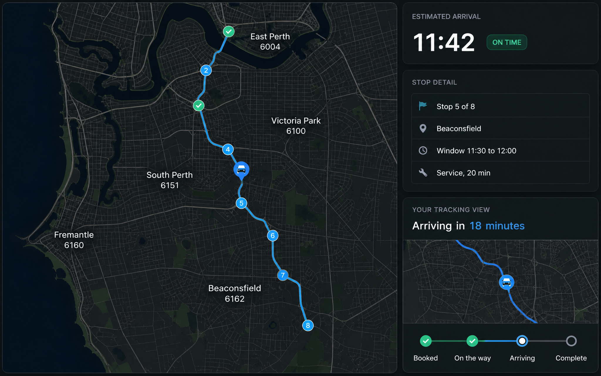 Live tracking: the route on a map with the vehicle mid-run, an estimated arrival card, the service stop detail, and the customer's own tracking view on a handset beside it.